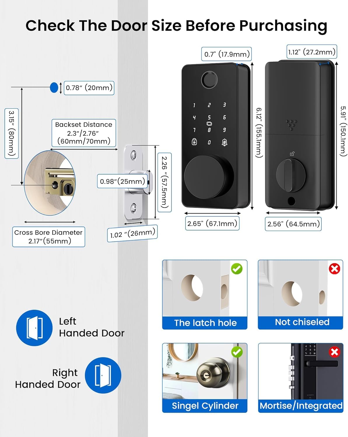 Fingerabdruck-Türschloss, schlüssellos, intelligente Riegelverriegelung, App-Steuerung | Automatische Verriegelung, Einmalpasswort, elektronische Touchscreen-Tastatur, IP54 wasserdicht, einfache Installation
