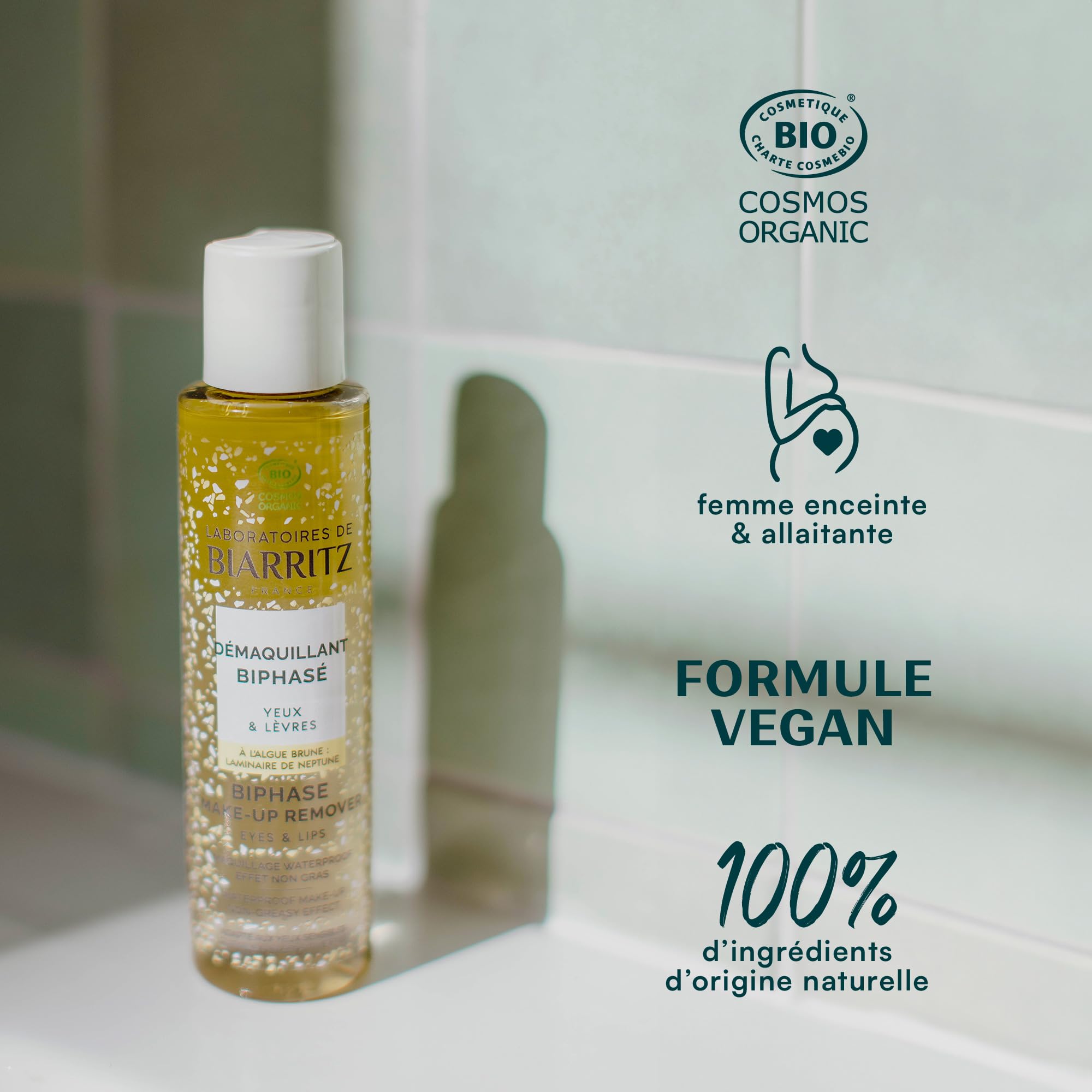 Laboratoires de Biarritz Démaquillant Biphasé Bio 125 ml | Yeux et Lèvres, Élimine Rapidement Tous Types de Maquillage, Formule Vegan, Certifié Bio, Fabriqué en France