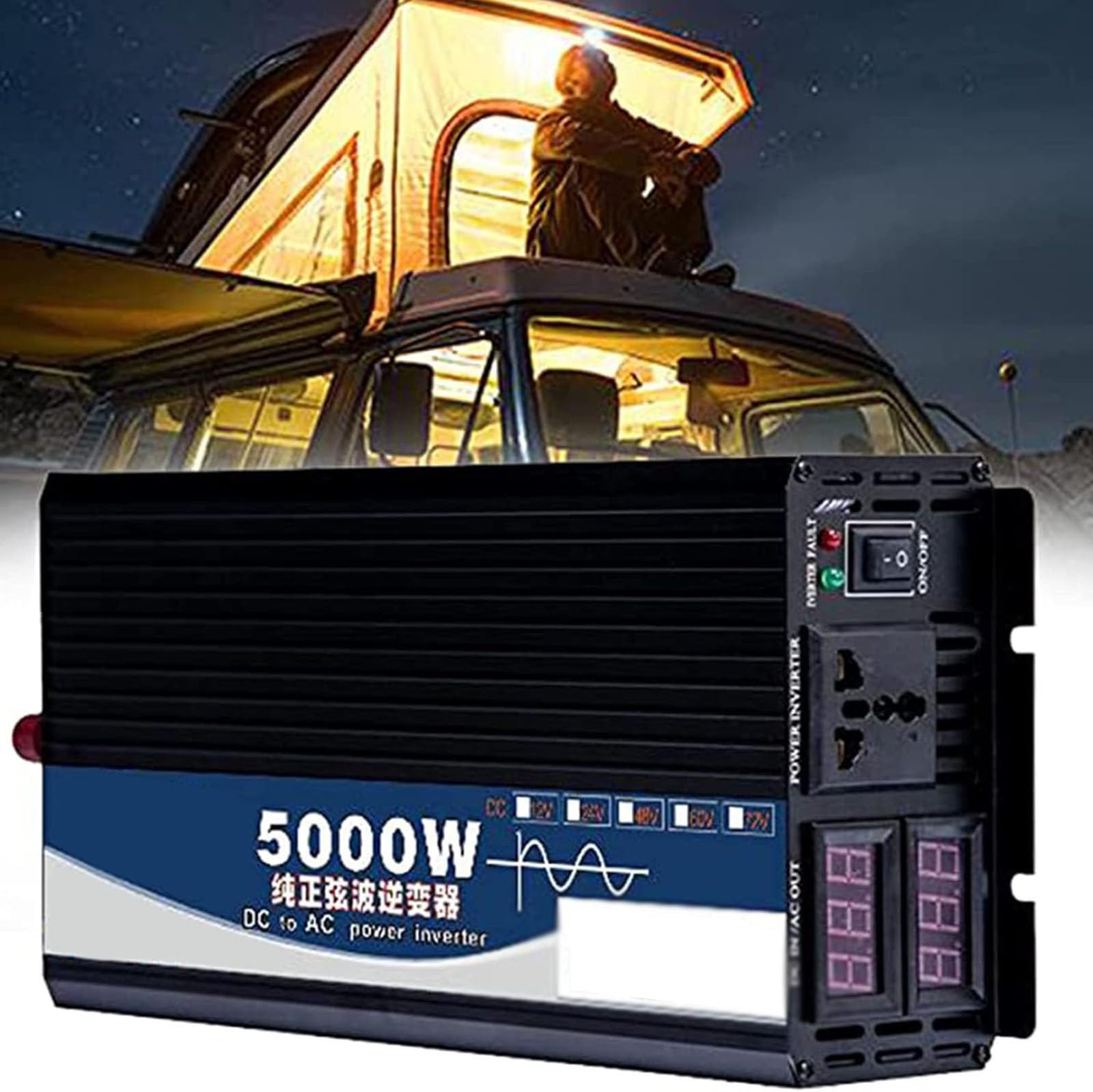 Inversor de 5000 Vatios de Onda Sinusoidal Pura CC 12 V 24 V 48 V a 220 V CA Inversores de Corriente con Tomas de Cargador de CA, para el Hogar, Camping, Vehículos Recreativos,12v