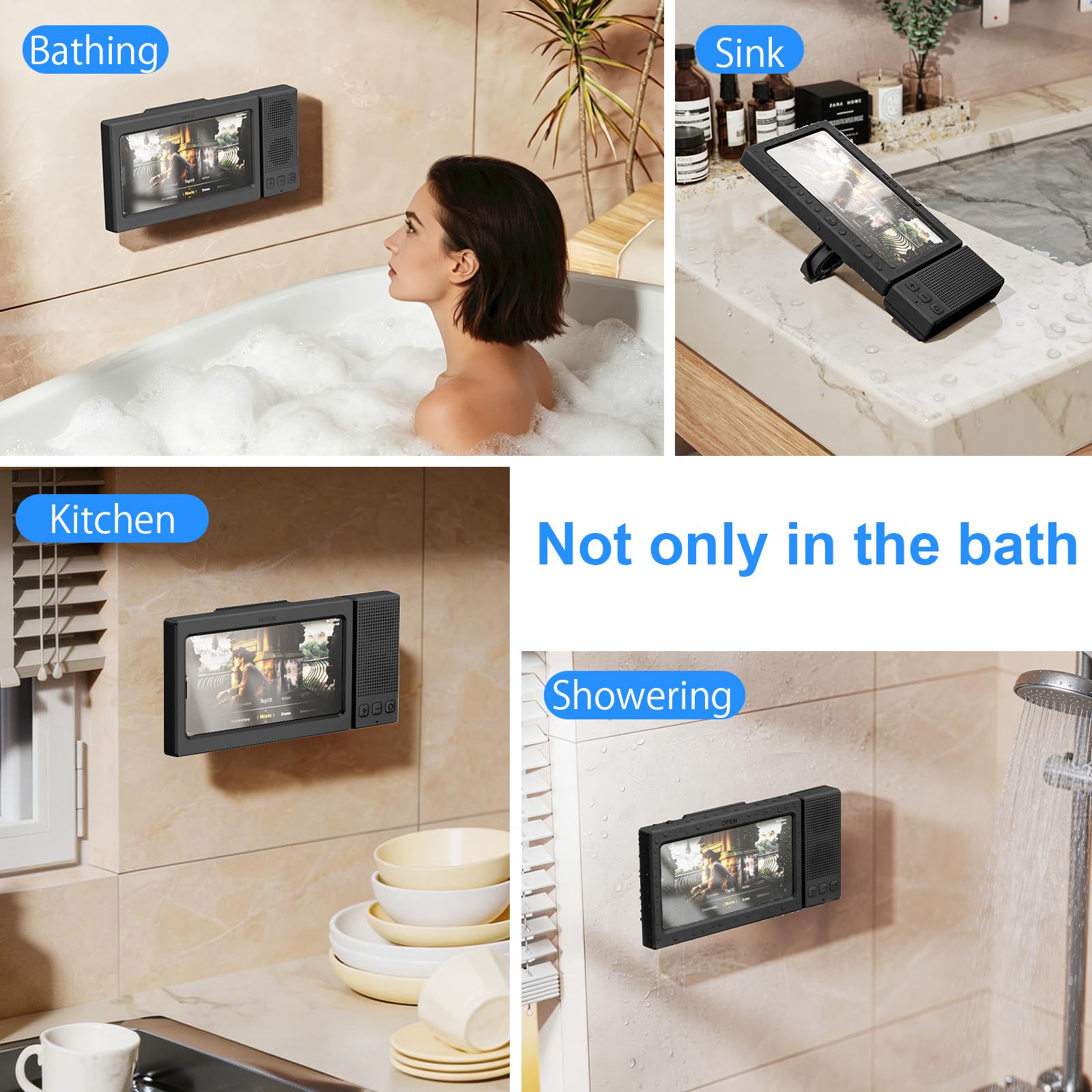 Soporte para teléfono de ducha impermeable con altavoz Bluetooth dual, funda giratoria de 360°, soporte de pared antivaho para espejo de baño, bañera y cocina, se adapta a iPhone 17, 16, S26U de 4 a 7