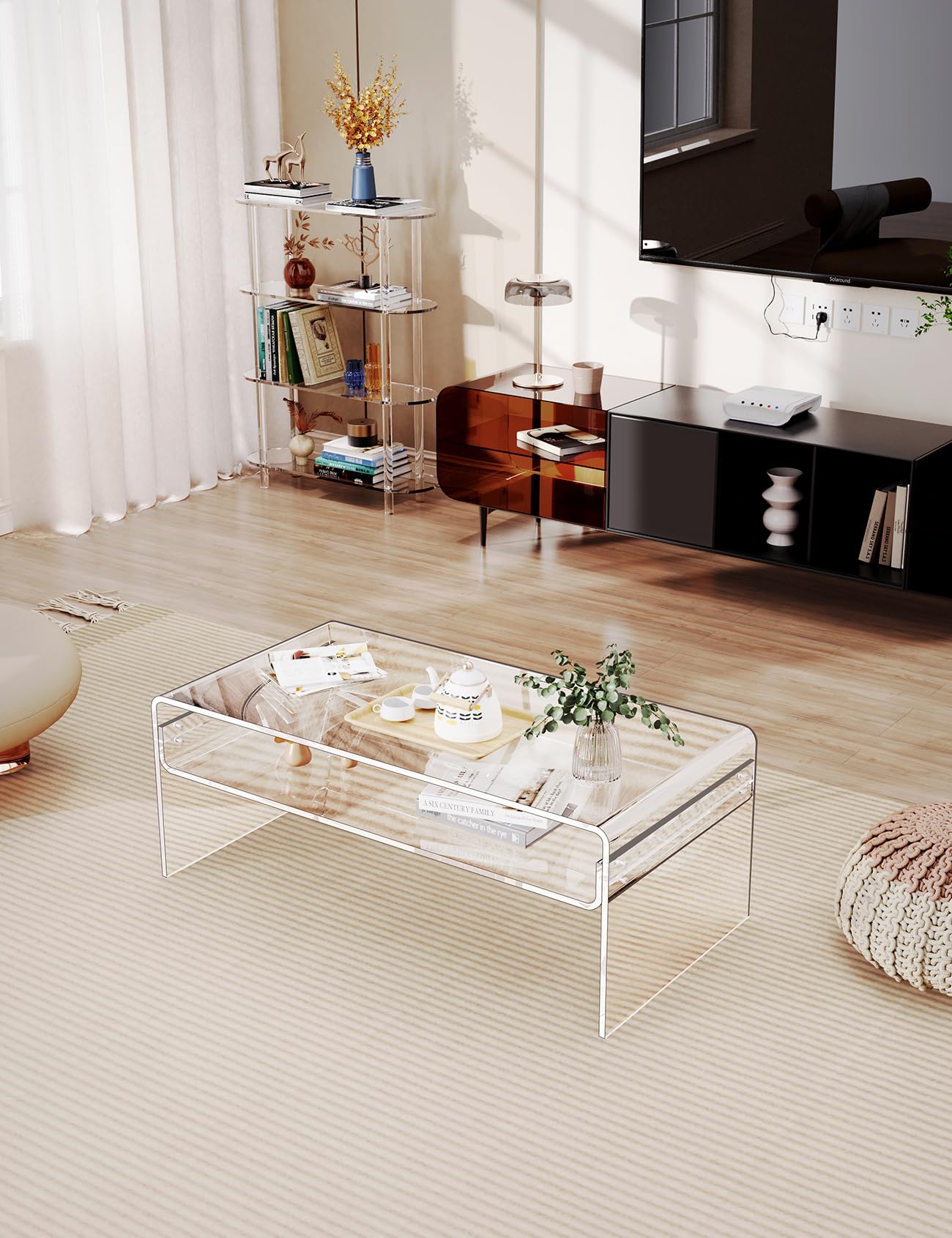 Mesa de centro acrílica para sala de estar, mesa de lucite rectangular transparente con estante de almacenamiento abierto, transparente 5