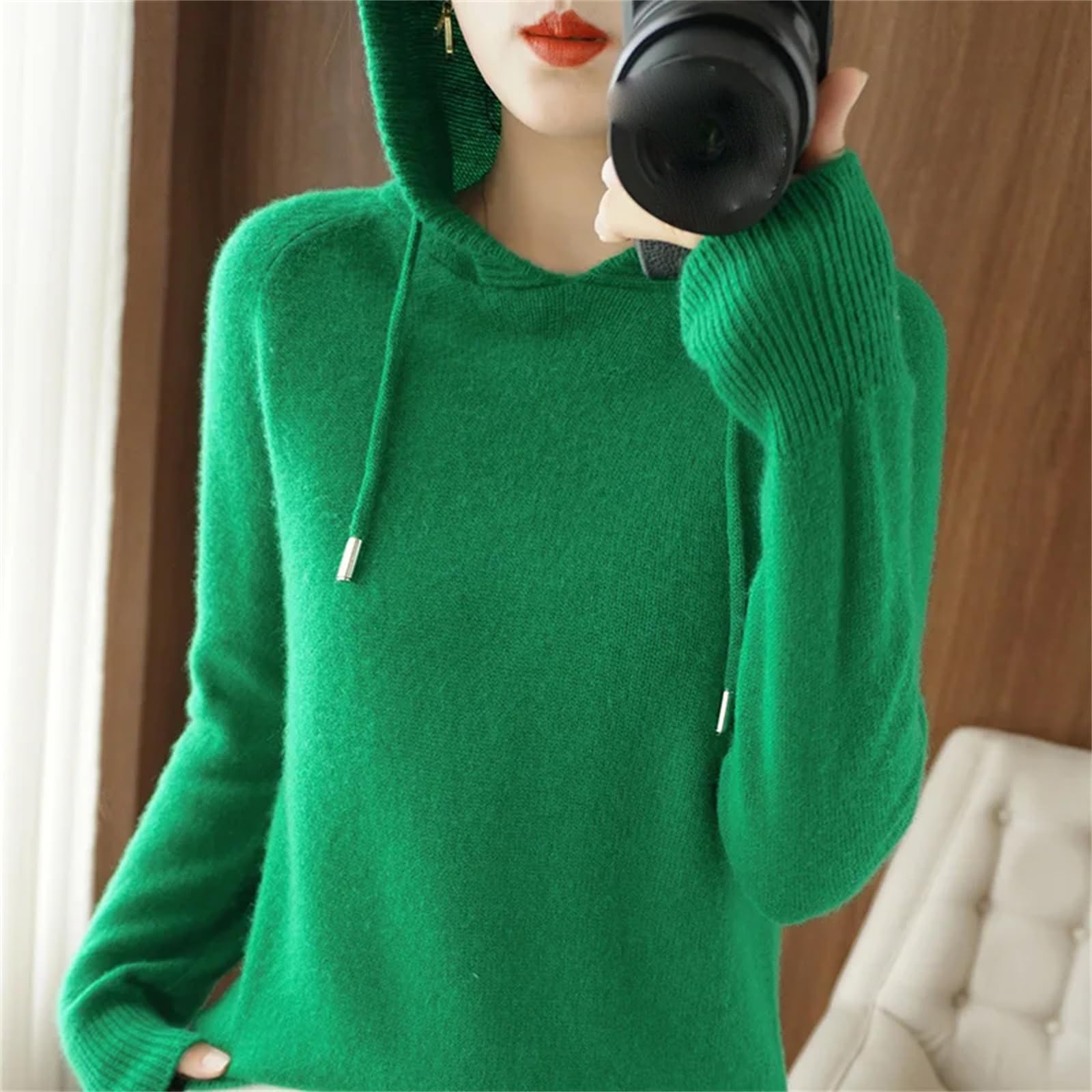 Yeuyyben Maglione da donna in lana merino capispalla con cappuccio colletto pullover invernale fondello maglieria casual caldo morbido top arancione, Arancione, XL