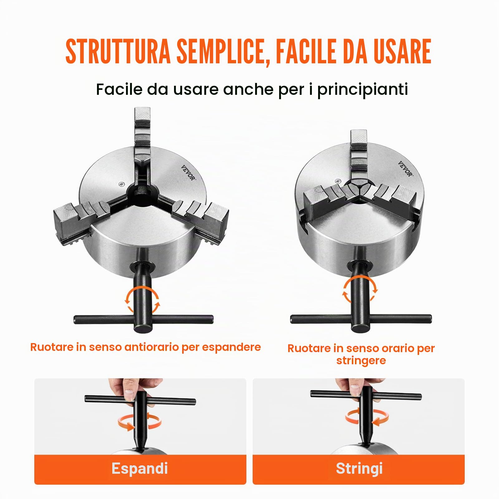 VEVOR Mandrino a 3 Ganasce per Tornio Mandrino Autocentrante Materiale in HT300 Diametro 160 ± 5 mm, Mandrino per Tornio a 3 Griffe Gamma di Serraggio 3,5-60mm, Mandrino Autocentrante per Tornio 160mm