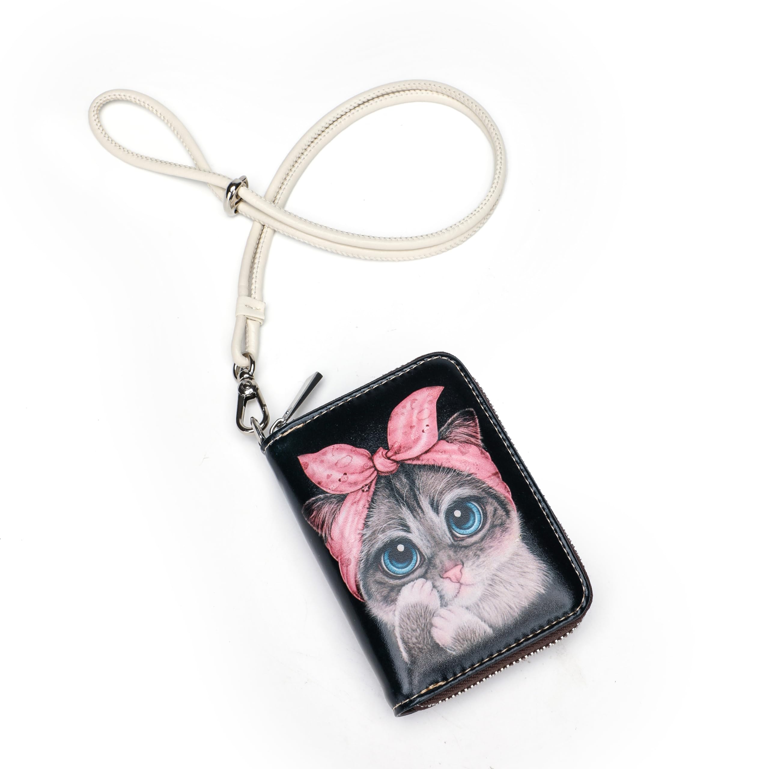 ANFUMAN RFID Credit Card Holder Wallets for Women Leather Zipper Card Case for Ladies Holder Wallet with Neck Lanyard Bow catt