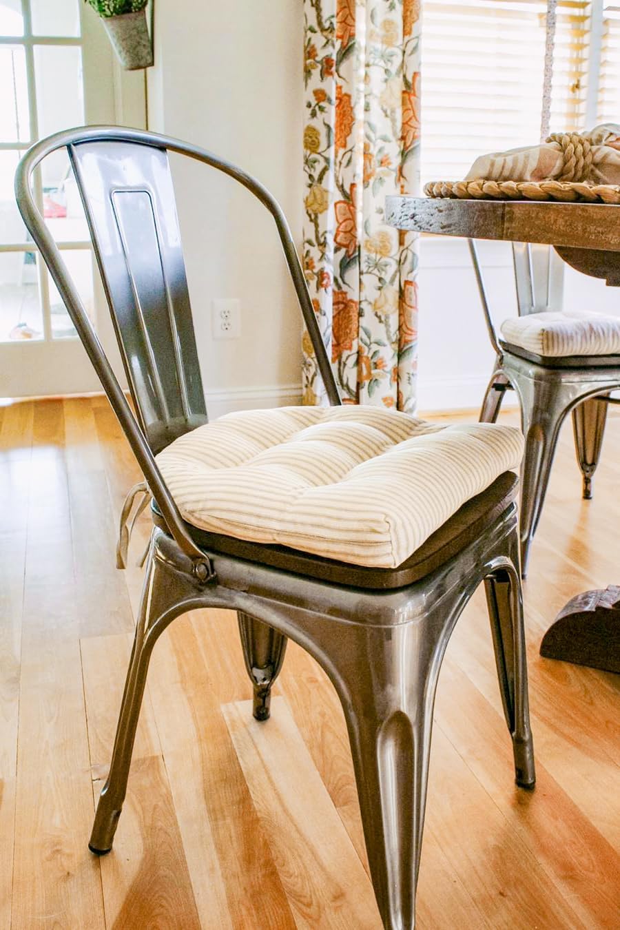 Barnett Home Decor Metal Chair Cushions - 14x14 Chair Cushions for Tolix Chairs - Machine Washable, 100% Cotton, Made in USA - Farmhouse Chair Pads - Ticking Stripe Natural Pack of 4