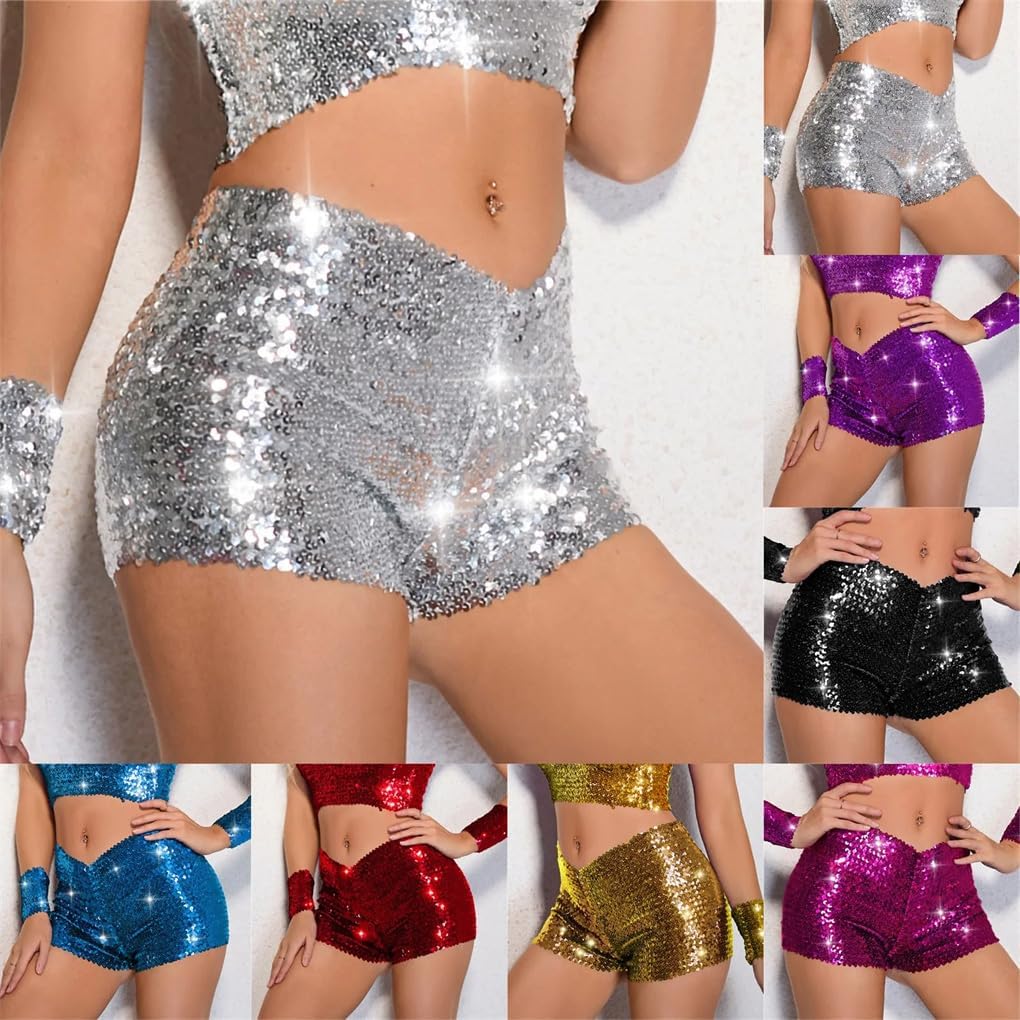 Women's Sequined Patchwork Party Shorts Solid Color Casual Slim Fit Shorts