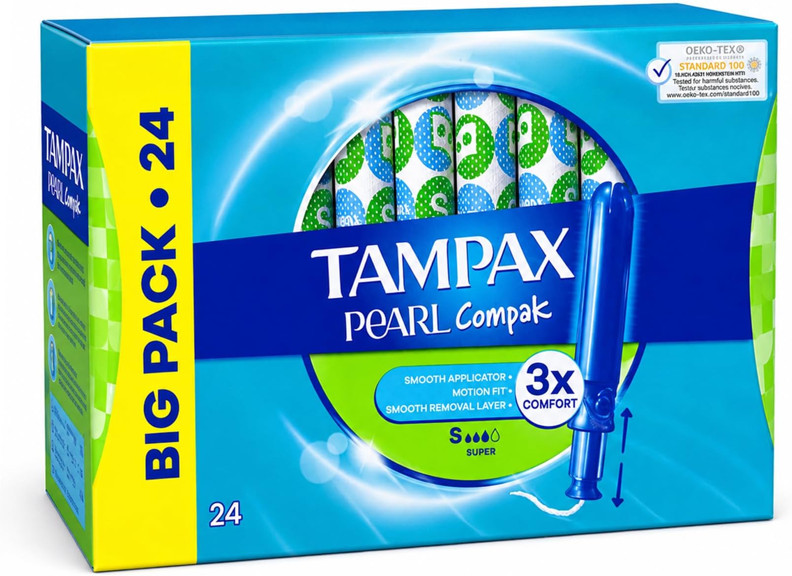 Pearl Compak Super Tampons With Smooth Applicator, MotionFit Protection & LeakGuard Braid, Compact Pocket-Size Design, Unscented, Super Absorbency - Pack of 24