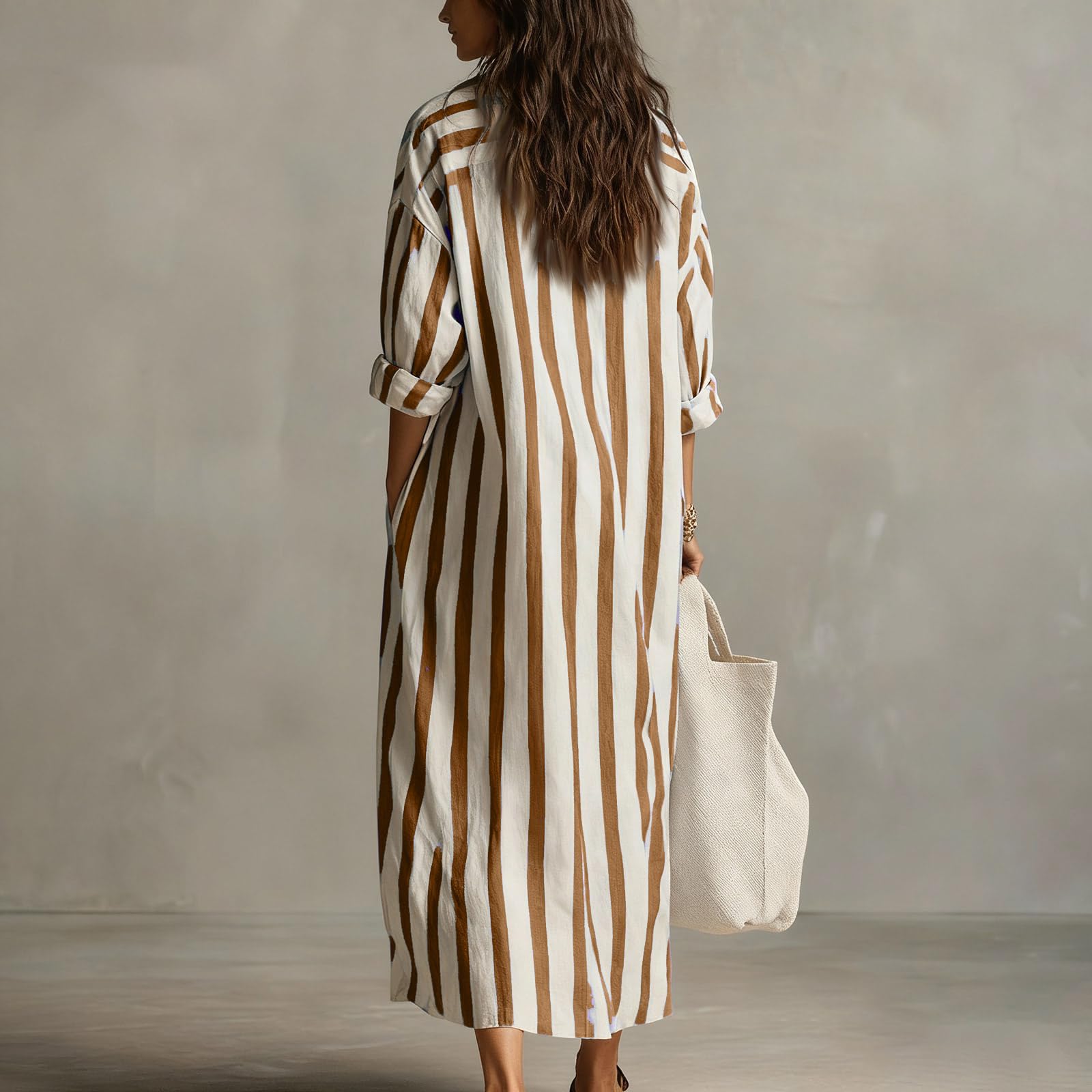 Saymany Blusenklied Damen Lang Langarm Leinenkelid Sommerkleid Damen Leicht Und Luftig V-Ausschnitt Maxikleid Strandkleid Mit Taschen Gestreift Tunika Kleid Hemdkleid Elegant A Lin Hemdblusenkleid