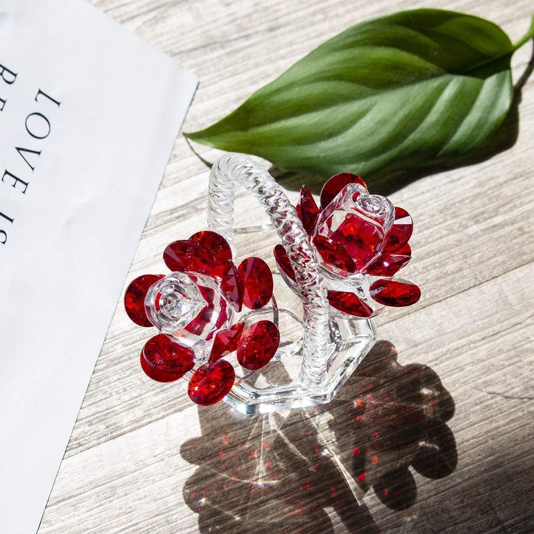 H&D HYALINE & DORA Crystal Red Rose Flower Basket Crystal Collectible Figurines Ornaments for Home Decor Table Centerpiece : Home & Kitchen