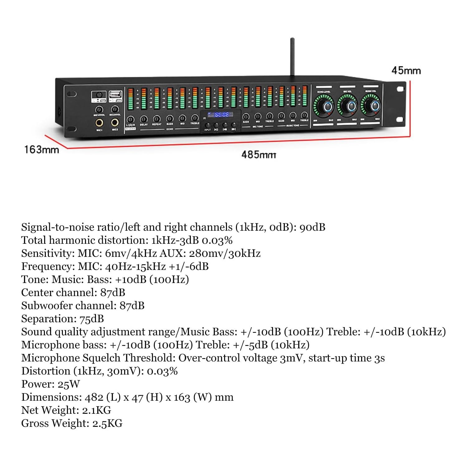 Ecualizador de audio digital, preamplificador profesional con interfaz de micrófono de 5 canales, antiaullidos con un solo clic, ajustes de micrófono/música/reverberación independientes para eventos