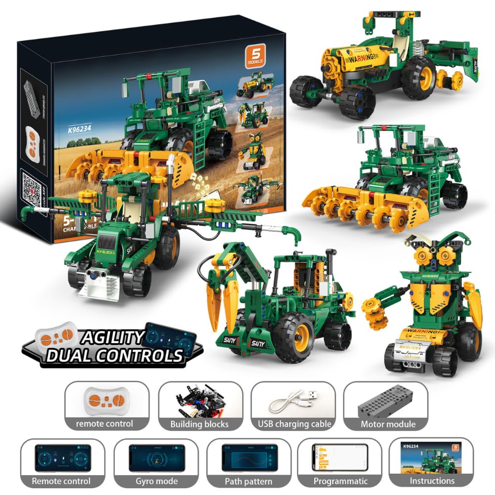 Robot Tractor 5 en 1 Programable para niños | Kit de Robótica Stem con Control Remoto | Juego de Construcción Educativo para Aprender Ingenieria