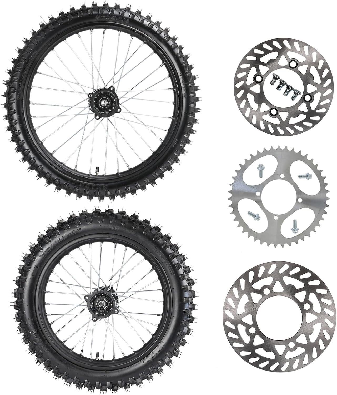 19" Front Wheel Rim Tire 70/100-19 + 16'' Rear Tire Inner Tube 90/100-16 with 15mm Bearing Assembly + Disc Brake Rotor + 520-43T-76mm Sprocket for Pit Pro Trail Dirt Bike Motocross Off Road