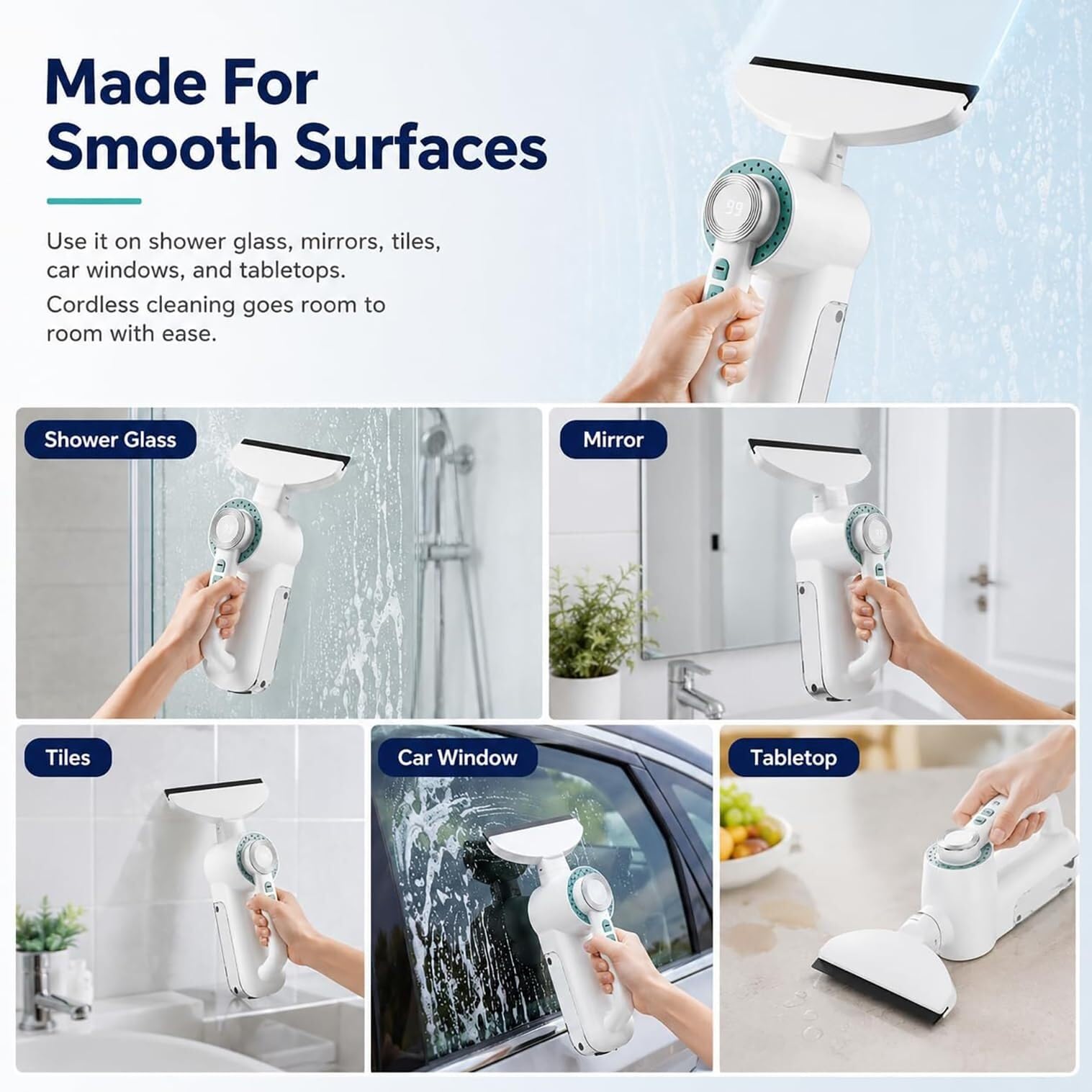 Limpiacristales Inalámbrico Aspirador 150ml | Succión 1500Pa, 3en1, batería 3000mAh, LED, 2 modos. Para azulejos, espejos y coche.(White)