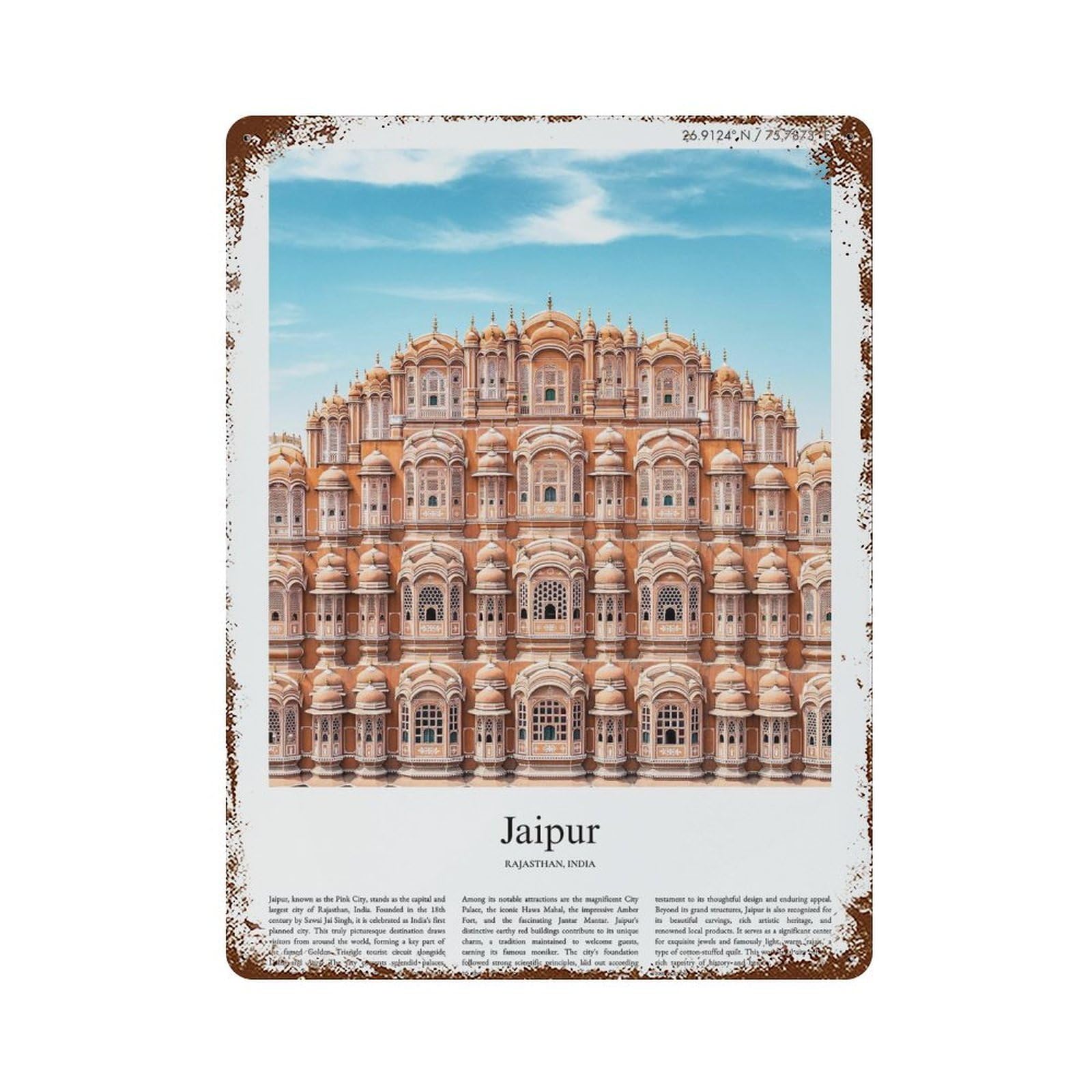 xiaoxiaoshen Jaipur Rajasthan, India City Scenery Wall Decor Art Metal Tin Poster Modern Home Decor Art Home Bar Shop Decorations Vintage Sign 40x30cm