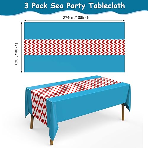 Miniatura 3 de Irenare Mantel de plástico desechable de 3 piezas, 54 x 108 pulgadas, color rojo y blanco a rayas azules, decoración de mesa, baby shower,