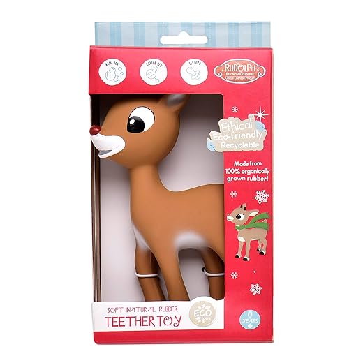 100% All-Natural Rubber 6.5 inch Reindeer Teether with Rattle in Gift Box (Sustainable, Ethically Produced, Organic & Recyclable) for Baby, Christmas Rudolph Brown