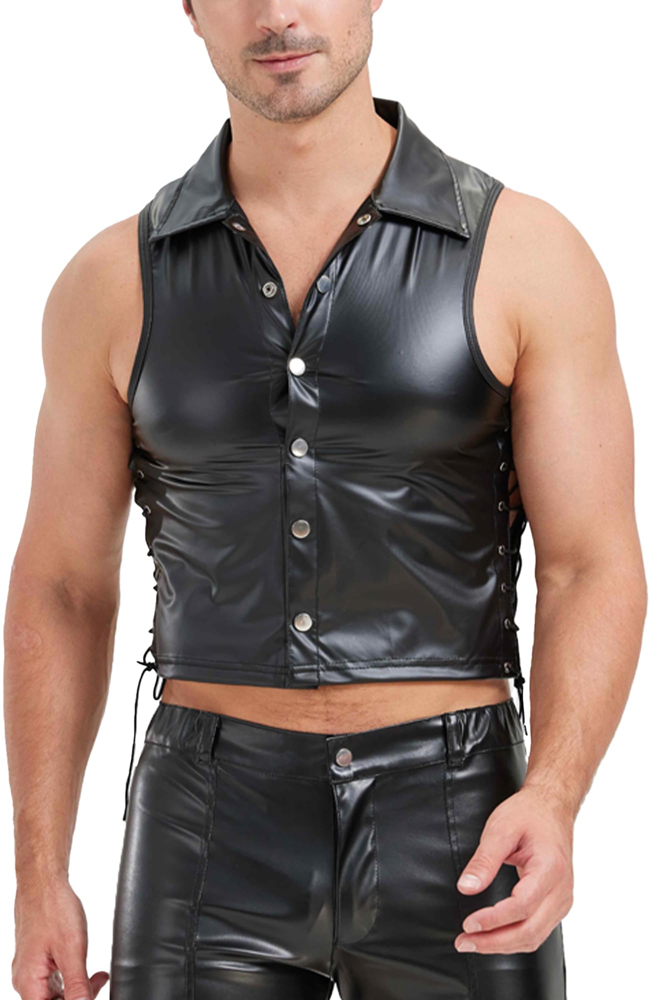 FEOYA Camisetas de látex para hombre, sin mangas, sexy, aspecto mojado, camiseta de látex similar a los hombres, negro, piel sintética, sin mangas, erótica, para hombre