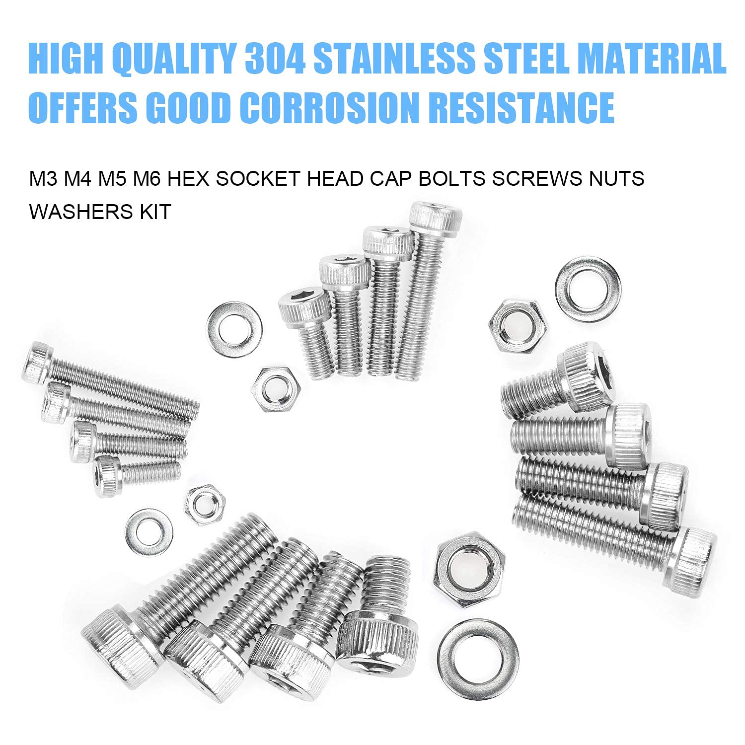 DYWISHKEY 520 PCS M3 M4 M5 M6, 304 Stainless Steel Hex Socket Head Cap Bolts Screws Nuts Washers Assortment Kit with Hex Wrenches