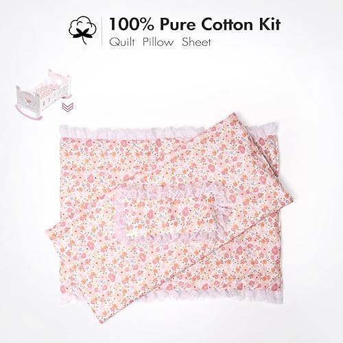 Miniatura 3 de ROBOTIME Cuna de muñeca de juguete para muñecas de 18 pulgadas, muebles de cama de madera con almohadilla rosa, manta y almohada, regalo para