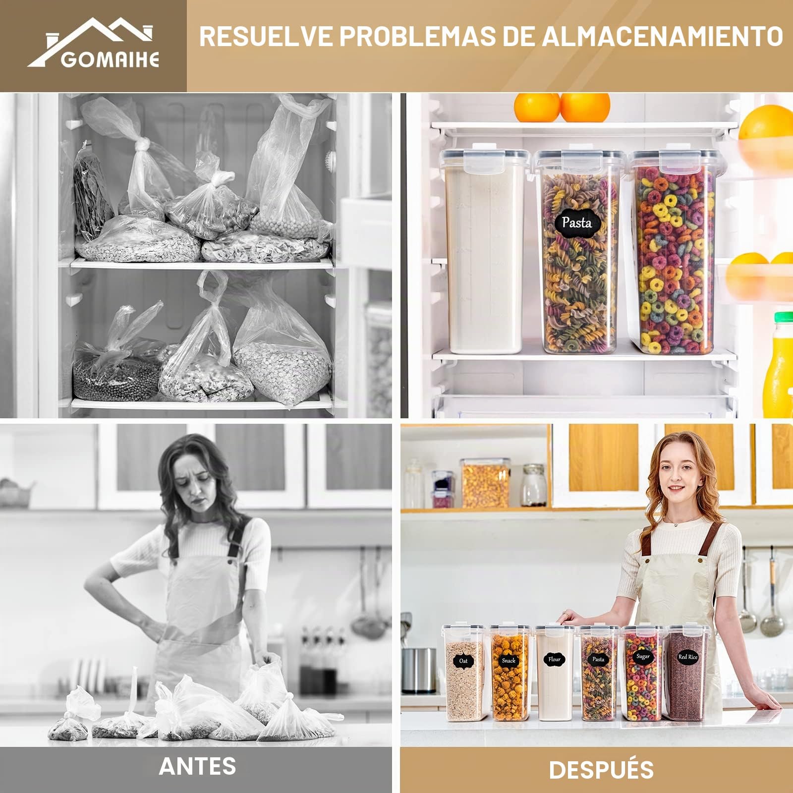 GoMaihe Recipientes Herméticos para Alimentos, 6 x 4 L, Muesli y Cereales | Un Paquete Entero por Recipiente: aprox. 750 g de Muesli o Cereales, 1,5 kg de Copos de Avena, 2 kg de Harina; Sin BPA