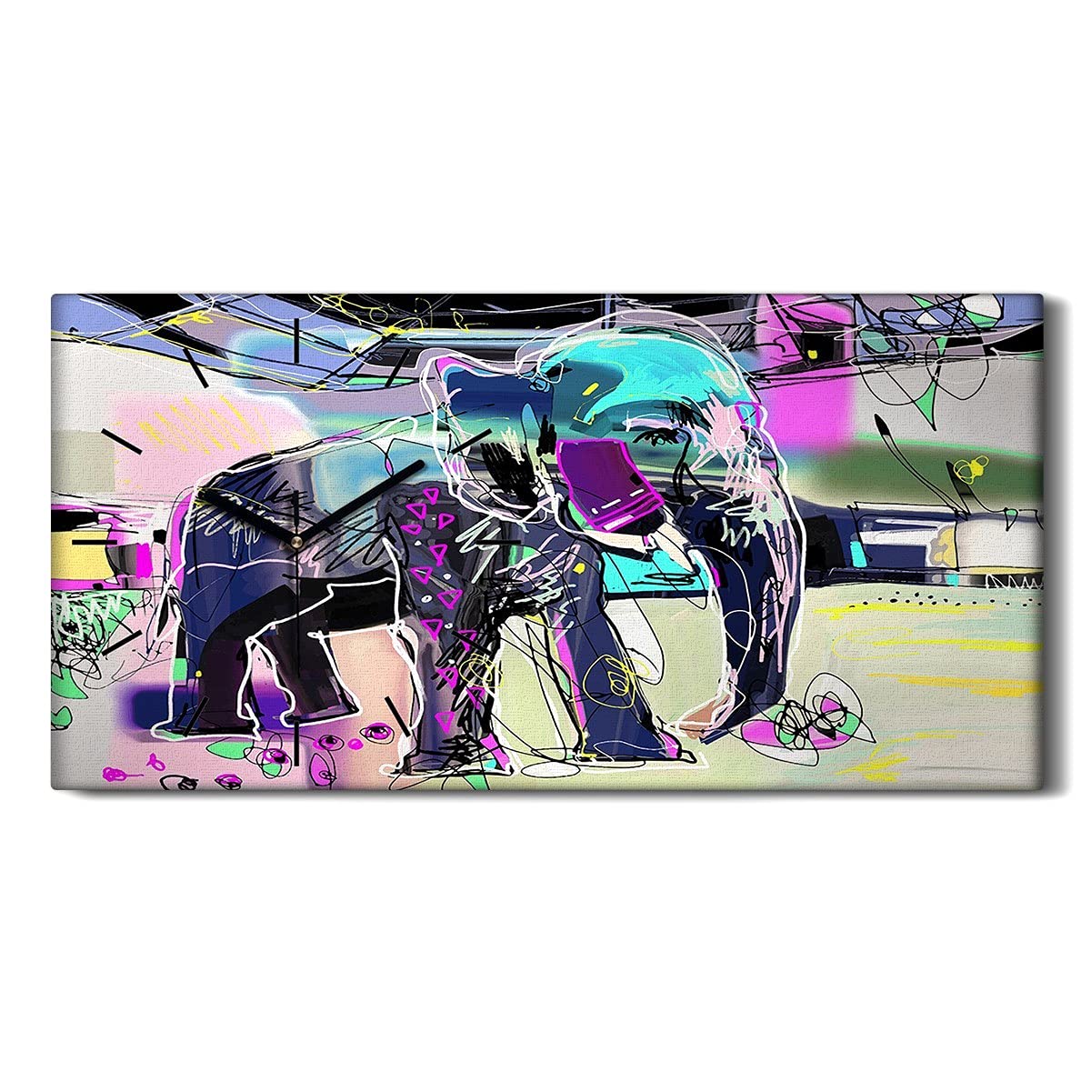 Horloge sur toile éléphant indien déco murale moderne salon et chambre 60x30cm