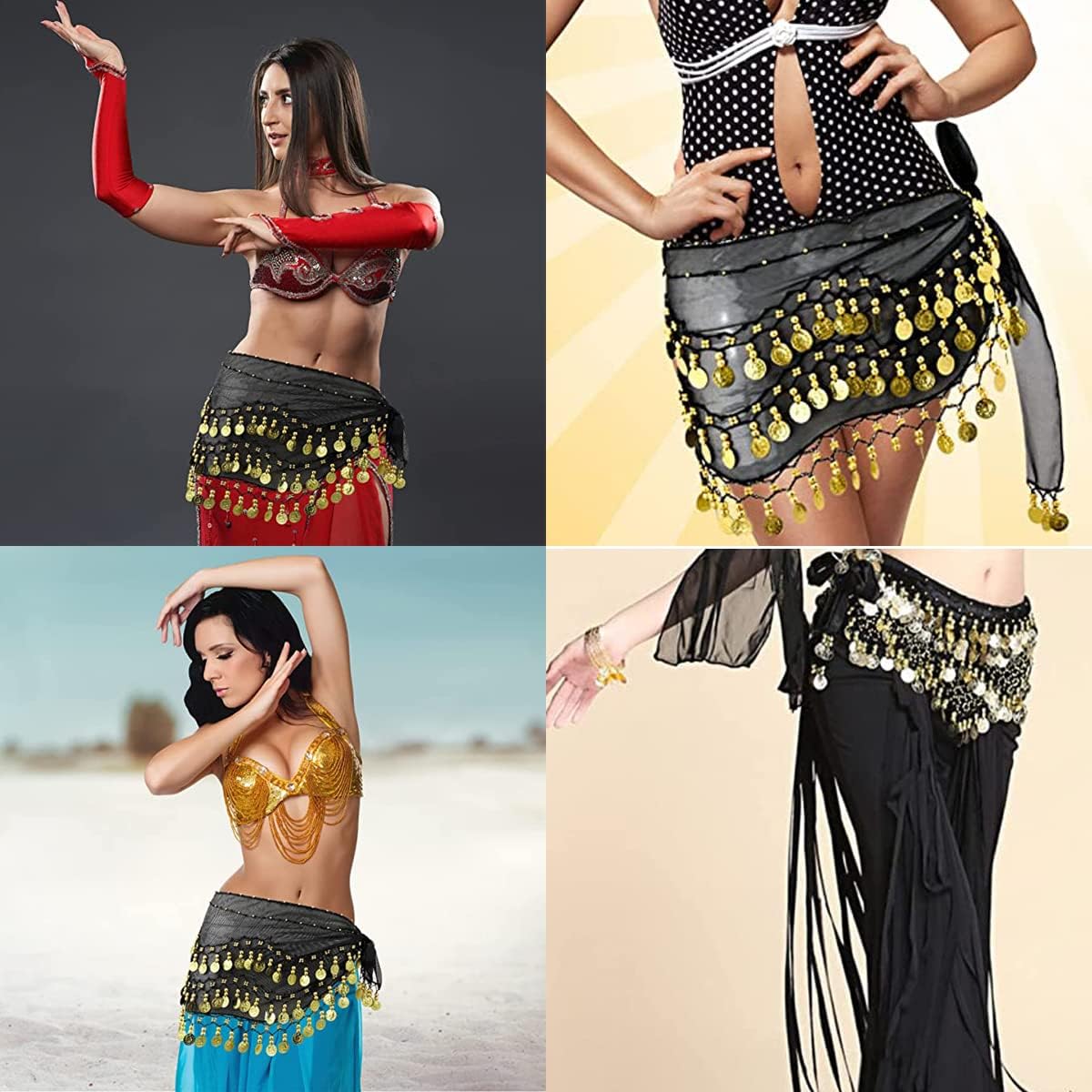 밸리댄스 힙스카프 팔찌 128코인 밸리댄스 스커트 랩벨트 손목 발목 팔찌 댄스 스커트 벨트 허리 체인 밸리댄스 줌바 또는 요가 수업  공연 의상 블랙