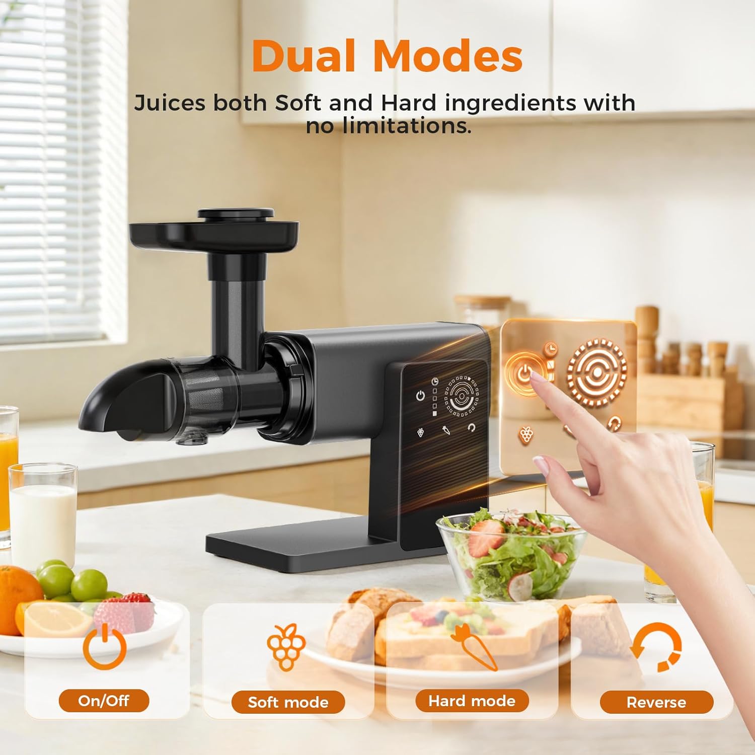 juicer machines, cold press juicer machine with led smart touch screen, 2 modes for fruit and vegetable, high yield slow juicers extractor with reverse function, easy to clean, black