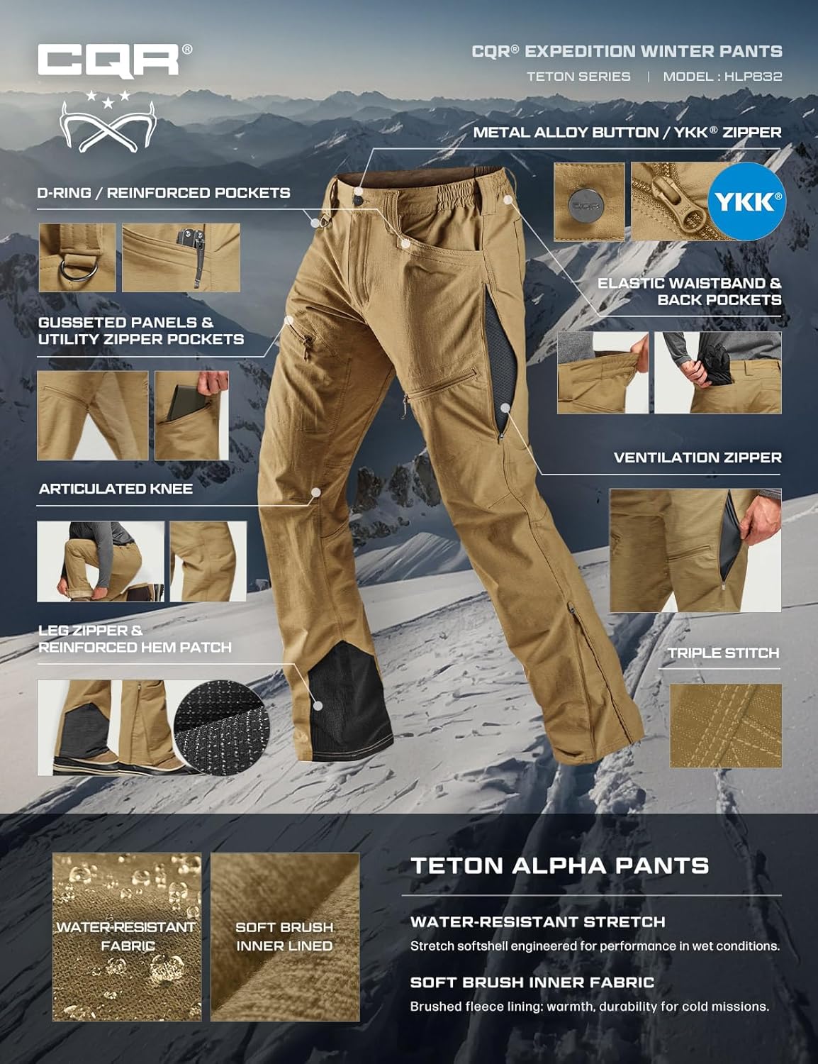 CQR Men’s Softshell Fleece Lined Winter Hiking Pants, Water Resistant Insulated Thermal, Outdoor Tactical Warm Snow Ski Pants - Image 7