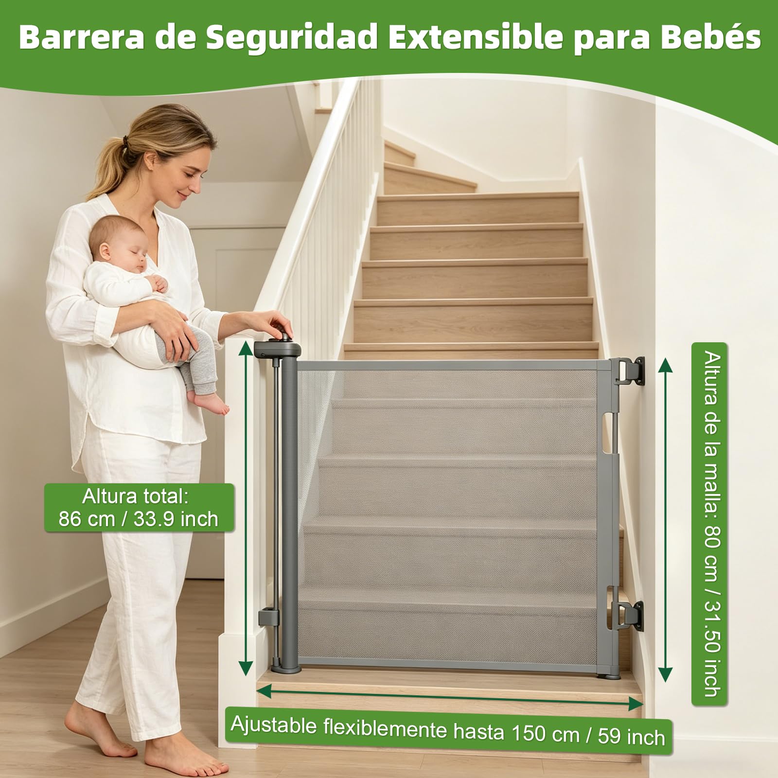 Dioxide Puerta Seguridad Retráctil para Bebés, 0-150 cm, Barrera Seguridad para Escaleras para Niños y Perros, Adecuada para Escaleras, Pasillos, Interiores y Exteriores (Gris)