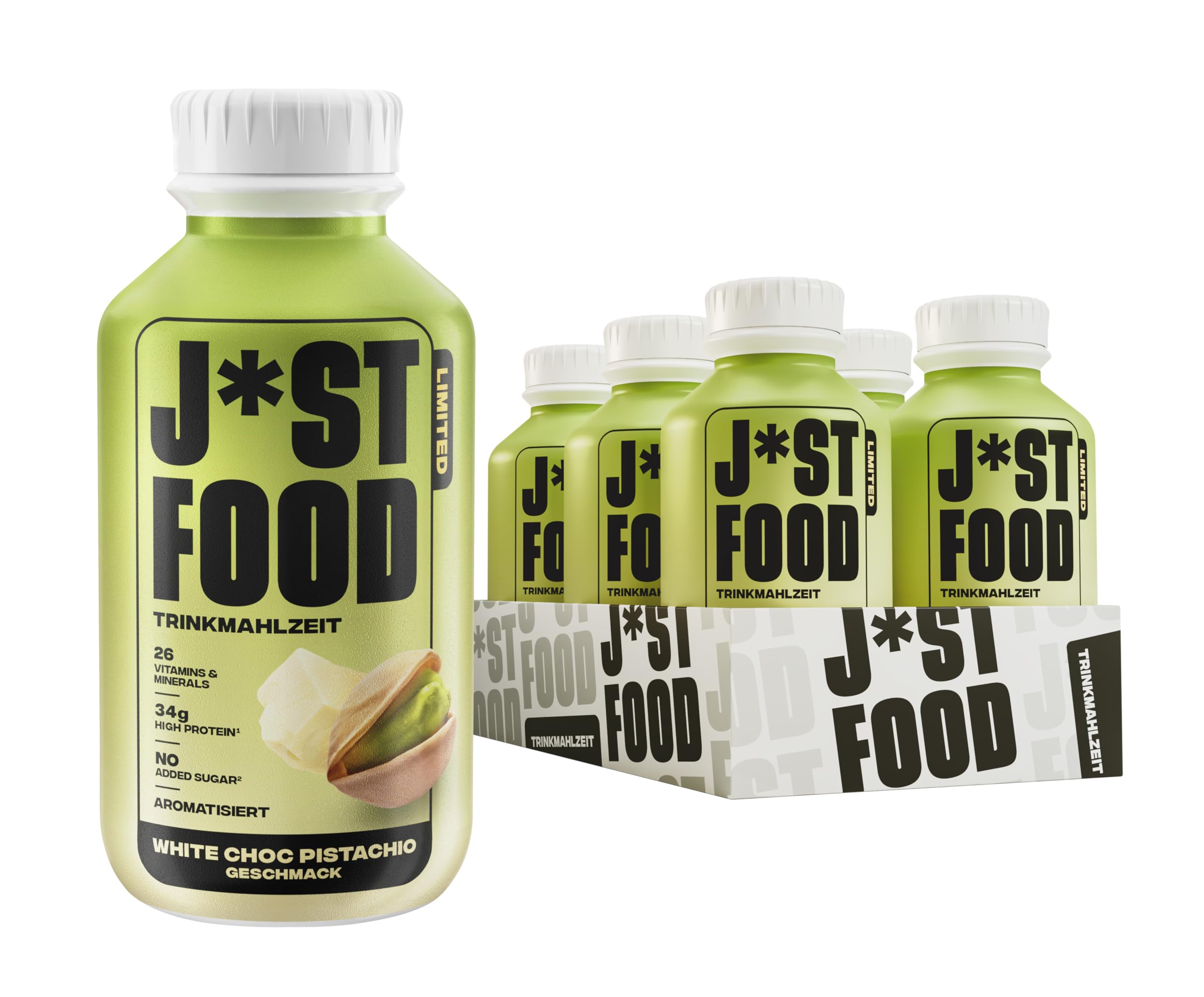 J*ST FOOD White Choc Pistachio Trinkmahlzeit – 6×500ml – 34g Protein, 26 Vitamine & Mineralstoffe, Zuckerfrei, Laktosefrei, Vollwertige Mahlzeit