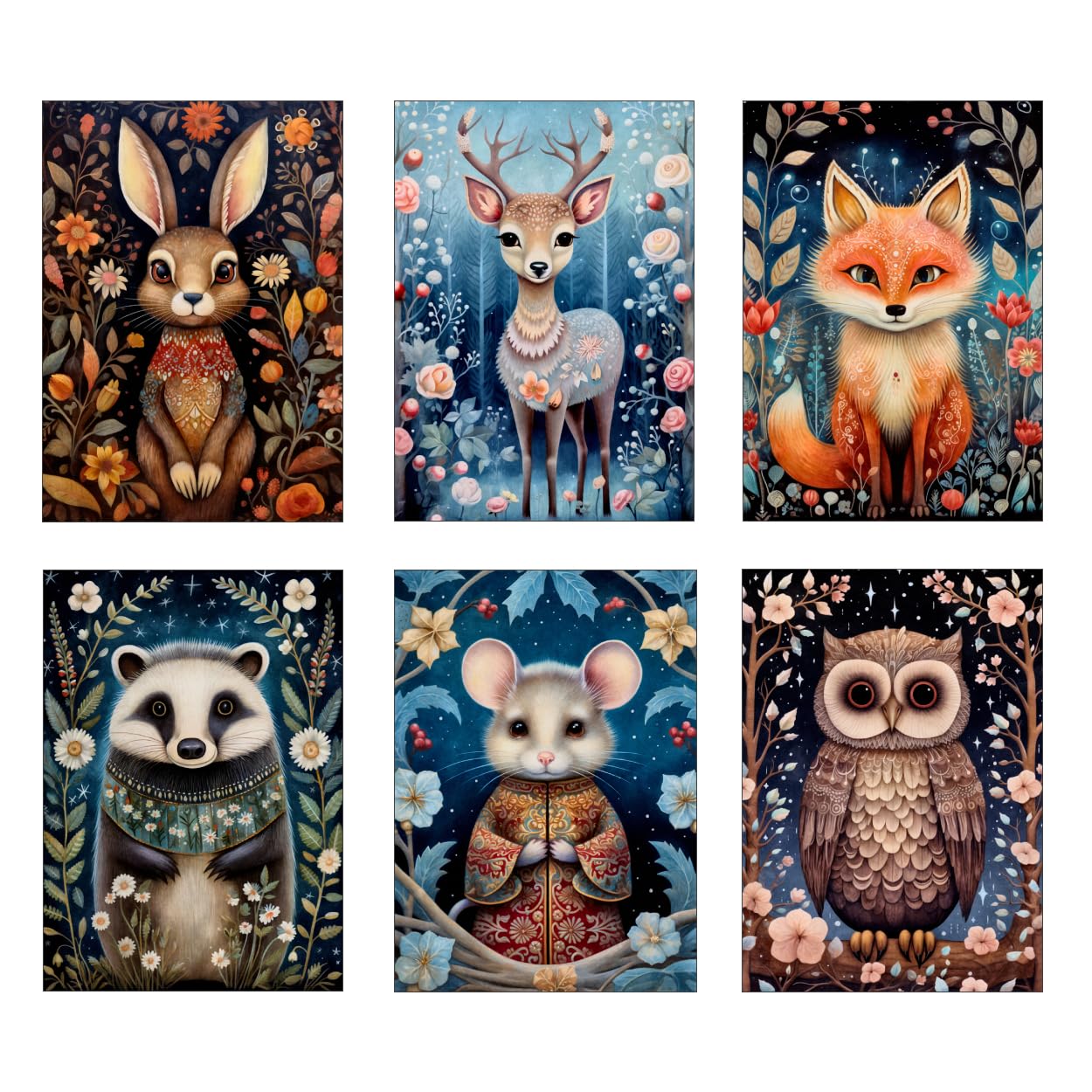 Wild And Arty Woodland Animals Folk Art Prints - Size A4 - Set of 6 Unframed