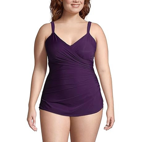 Lands' End Women's Black Purple SlenderSuit Tummy Control Skirted Swimsuit