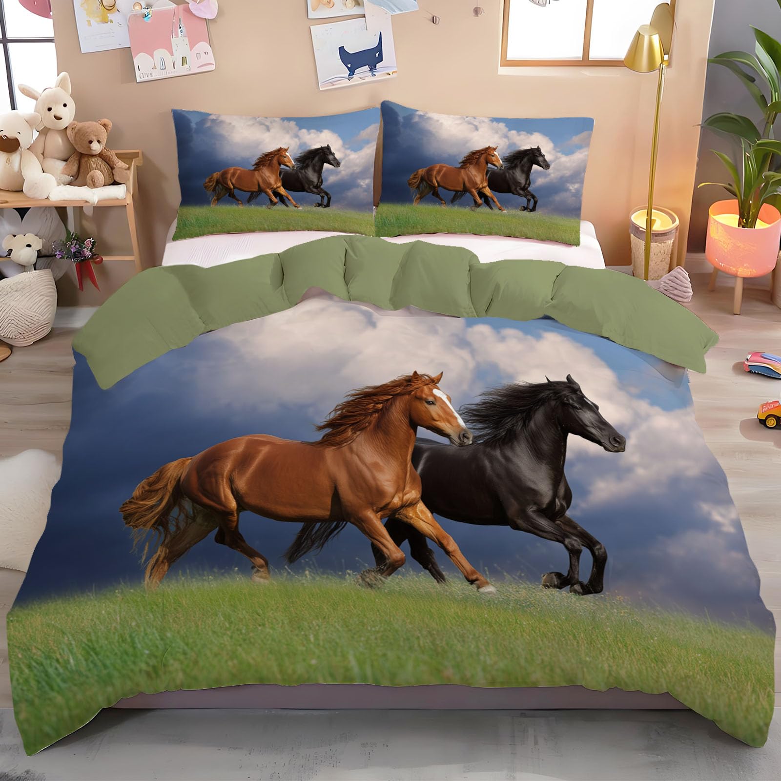 Housse de couette 2 personnes motif cheval faune microfibe 240x260cm taies