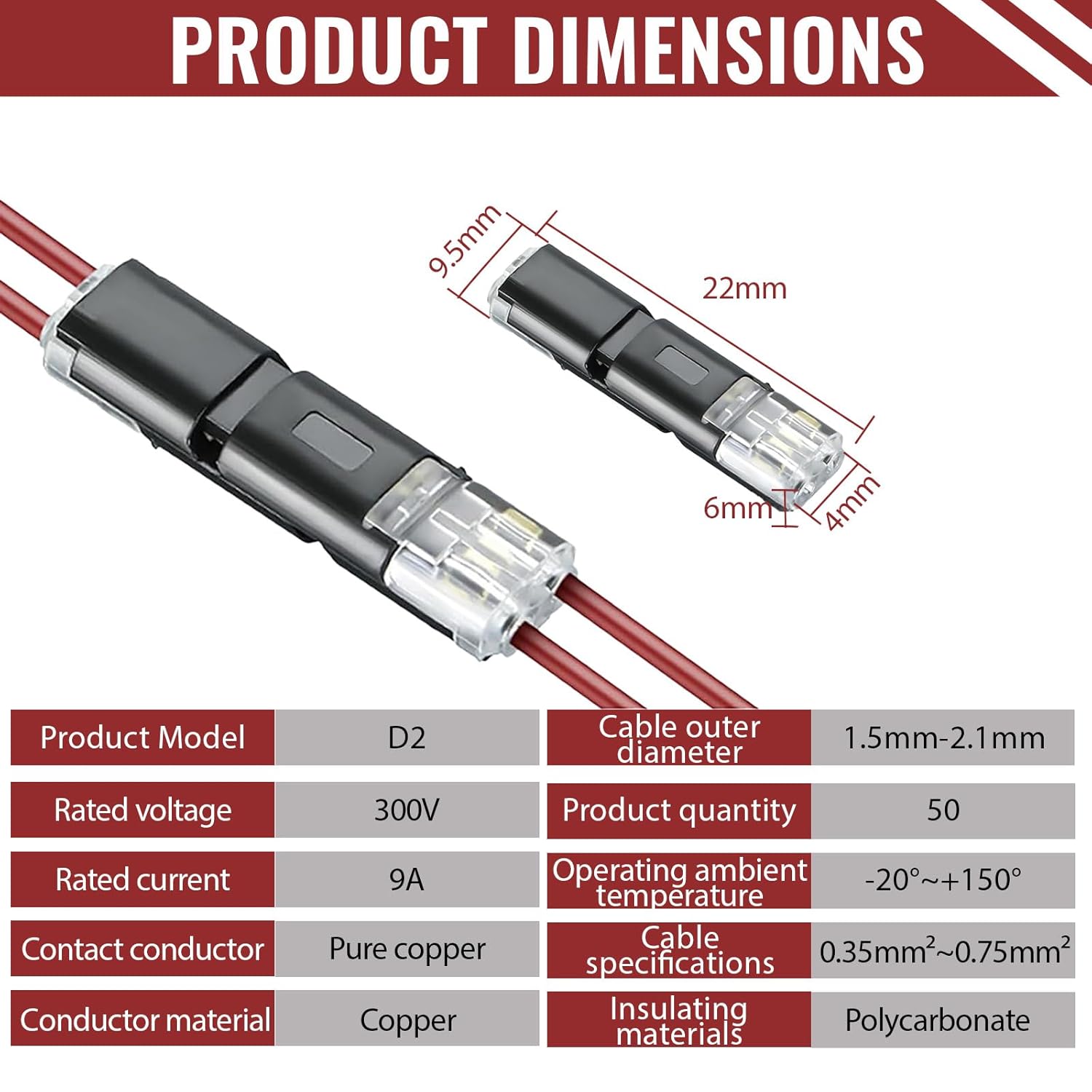 50Pcs Double Wire Plug in Connector with Locking Buckle, Quick Connect Wire connectors, Lock Strip Connector, 2-pin solderless Wire connectors for LED Strips, Automotive, 22-18 AWG
