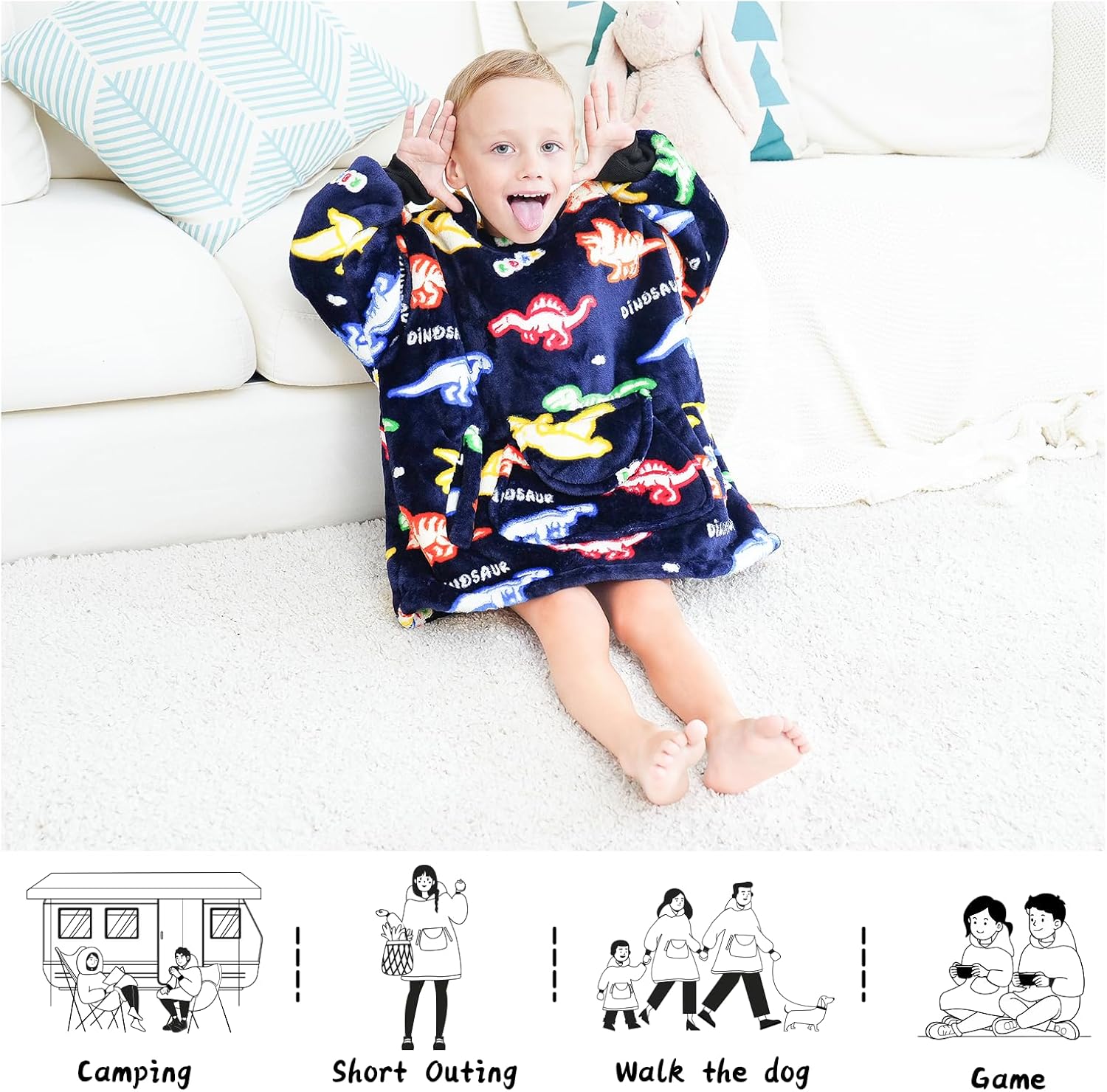 REXEO Wearable Blanket Hoodie for Kids Fleece Sweatshirt Blanket Dinosaur Gifts for Boys Girls Flannel Hooded Blanket with Pocket and Sleeves for Kids - Image 6