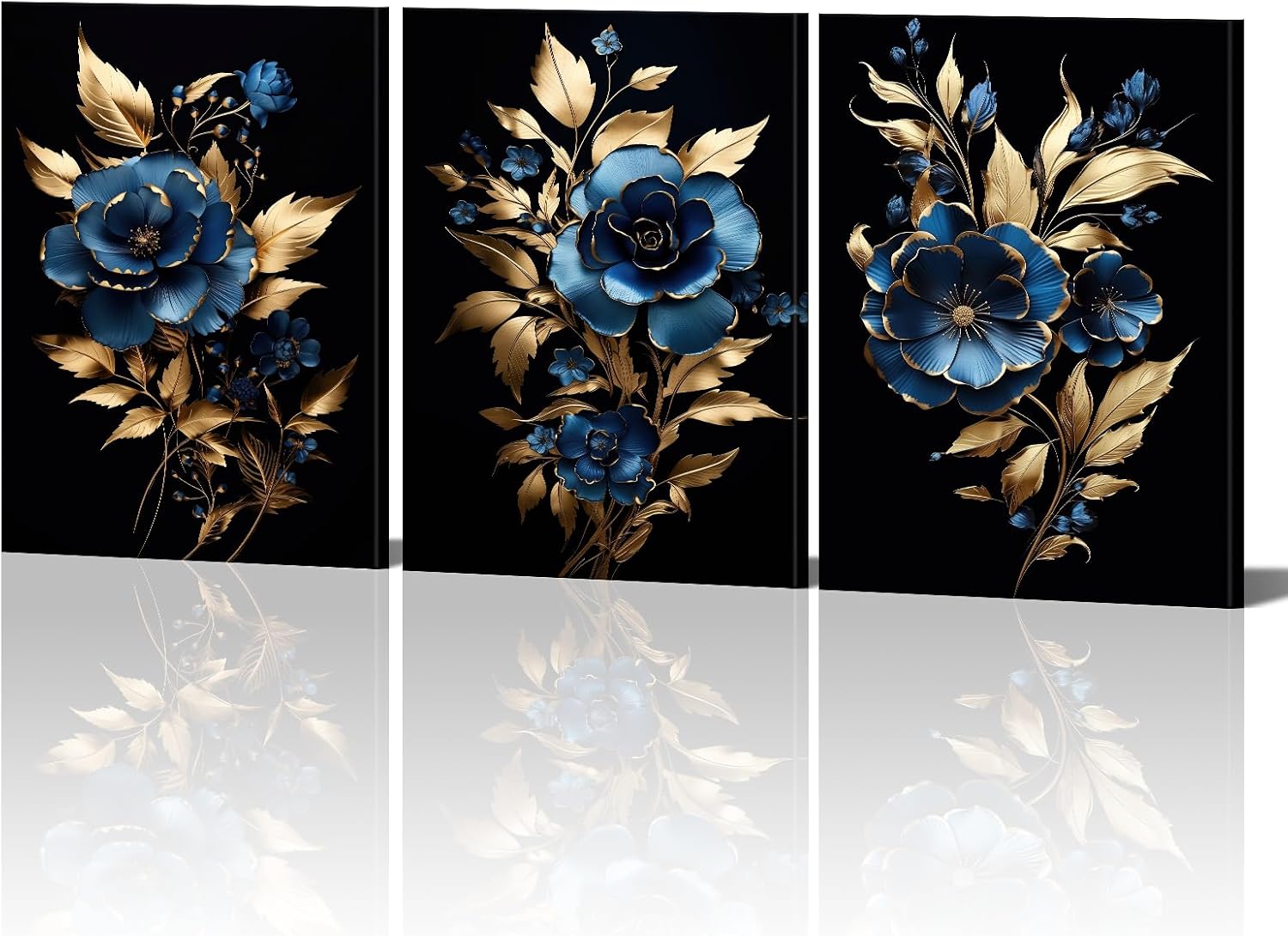 PLIDAAYO Bule Golden Flower Wall Art 3 Pieces Abstract Floral Leaf Picture Canvas Prints Bloom Flower Painting for Living Room Bedroom Kitchen Home Decor(Flo-01,20"x28"x3)