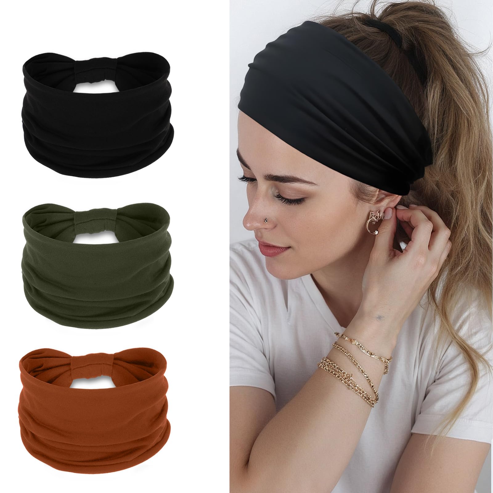 XLIUAX 3 Pcs Wide Headbands for Women Thick Large Head Bands, Soft Ladies Boho Bandanas