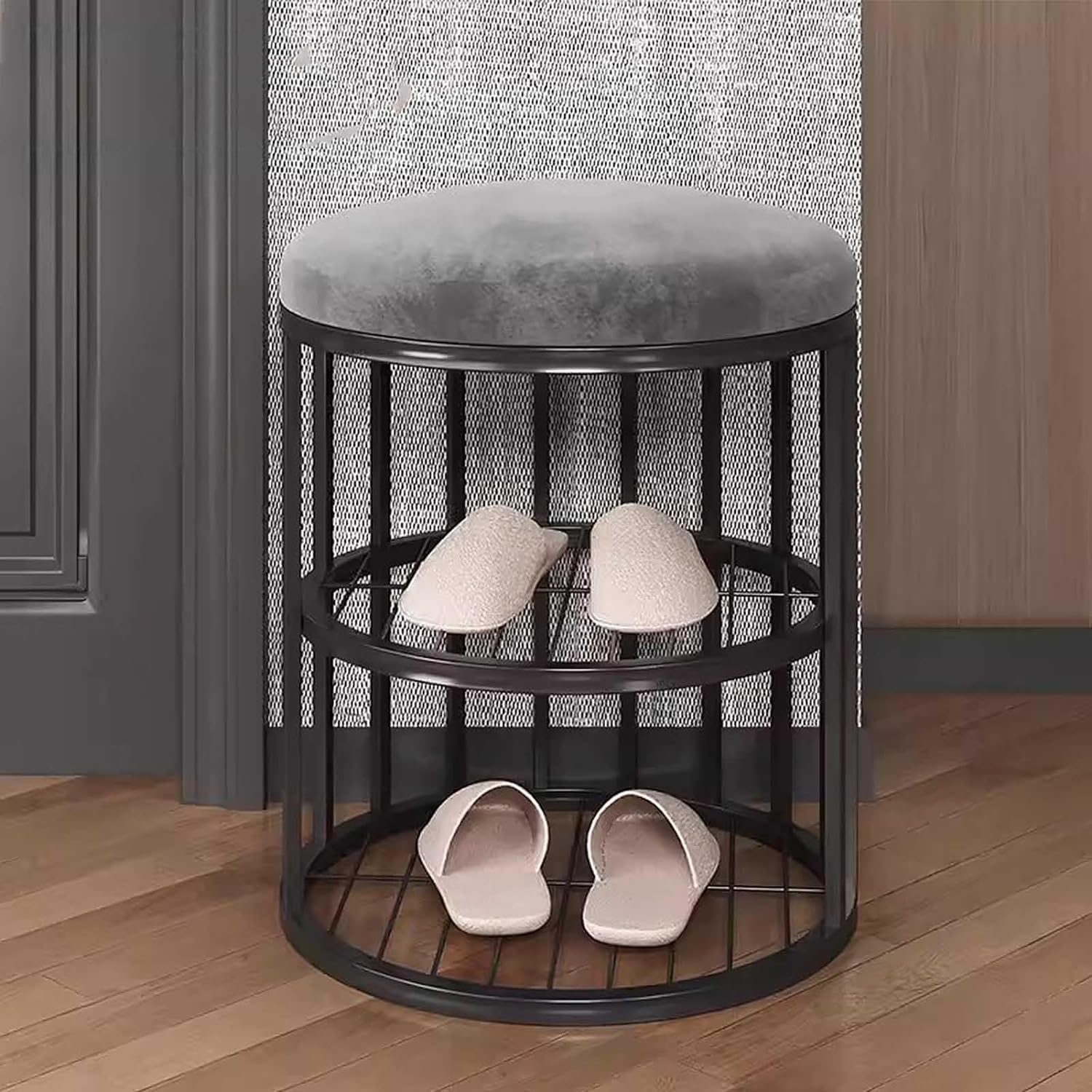 Étagère à chaussures avec assise ronde intégrée, meuble 2-en-1 idéal pour entrée et studio