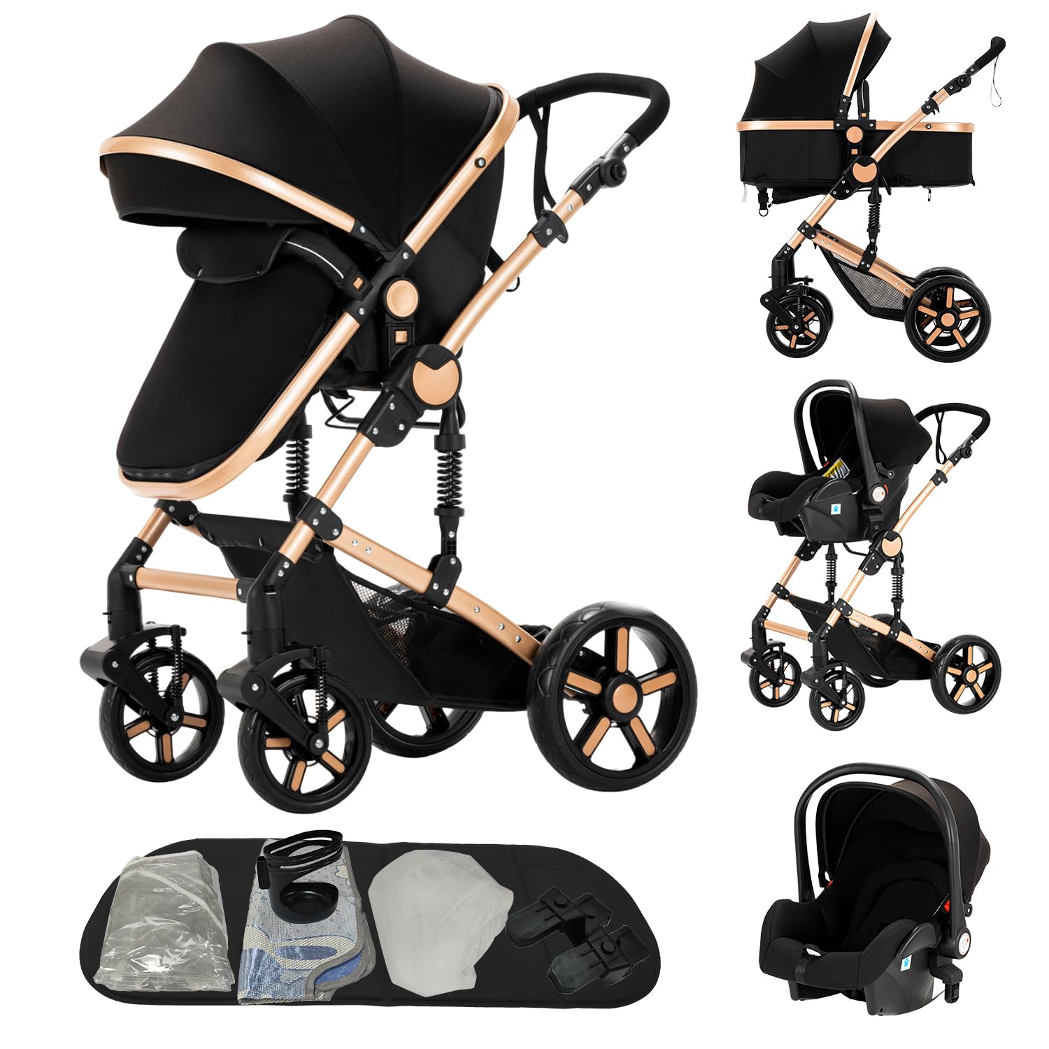 MoLi Passeggino Trio, Passeggino 3 in 1 con Doppia Modalità Push Reversibile, Trio Passeggino Neonati con Grande Navicella, Carrozzina per Neonati in Alluminio Pieghevole (588 Noir Gold)