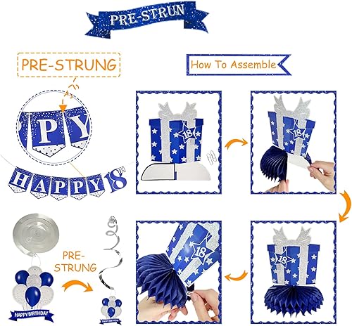 Miniatura 3 de PRE-STRUNG - Decoraciones de cumpleaños de 18 años, cartel de feliz cumpleaños 18, espirales colgantes de panal de abeja, juego de centros de mesa