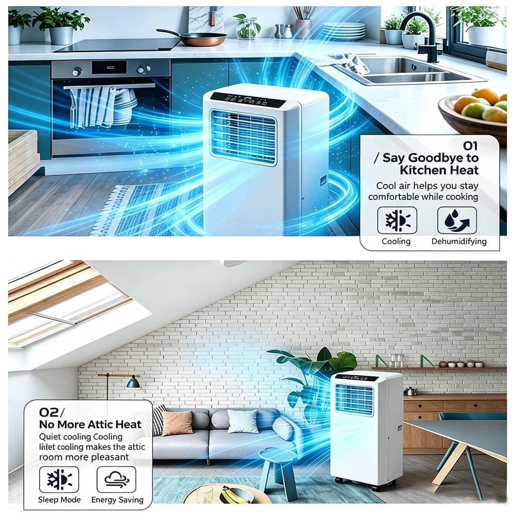 Przenośny klimatyzator, mobilny falownik AC do chłodzenia, ogrzewania, osuszania i wentylacji, inteligentny panel sterowania, filtr przeciwpyłowy i kółka 360°