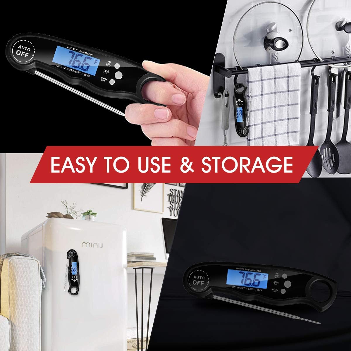 Meat Thermometer Instant Read Food Thermometer for Grilling Dual Probe Digital Ultra Fast Thermometer with Backlight and Alarm Function for Outdoor Cooking, BBQ