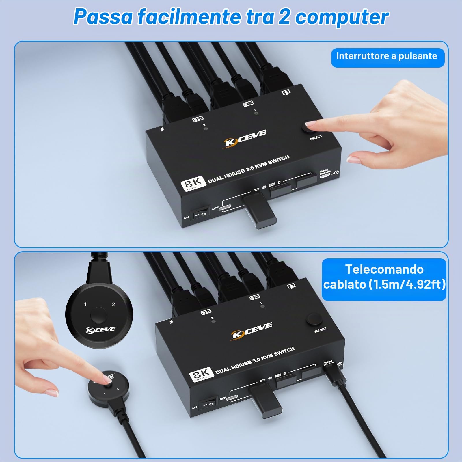 Switch KVM HDMI per 2 computer e 2 monitor, 8K@60Hz/4K@120Hz Dual Monitor KVM Switch per 2 PC, per la condivisione di 2 monitor e dispositivi USB 3.0, con cavi USB, controller e alimentatore di rete