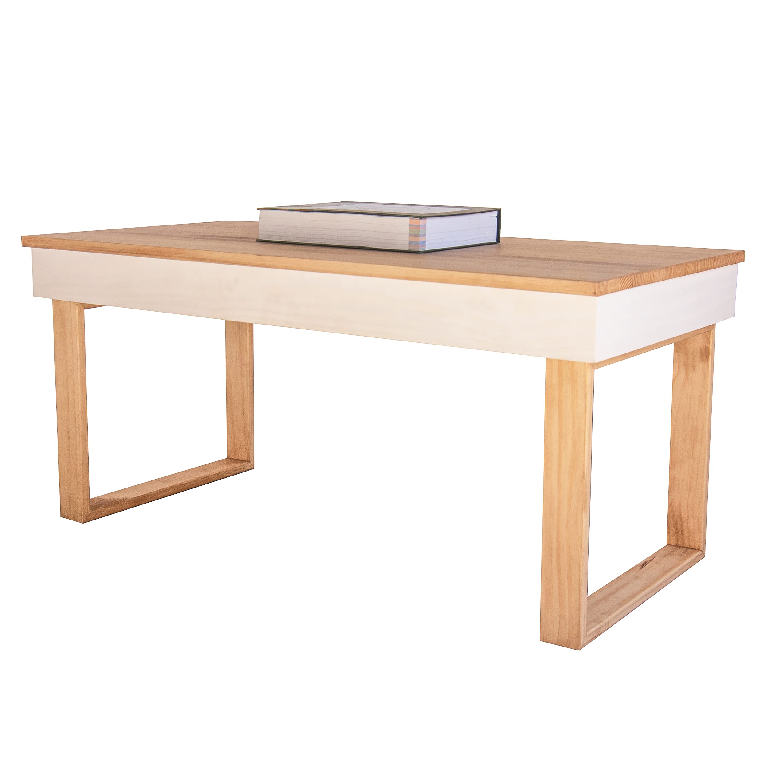 LoMasCasa - Mesa de Centro Modelo Ebro Elevable de Madera Maciza de Pino Natural con Patas de Madera - Color Blanco y Madera -Estilo Nórdico - Medidas 100x50x48 cm