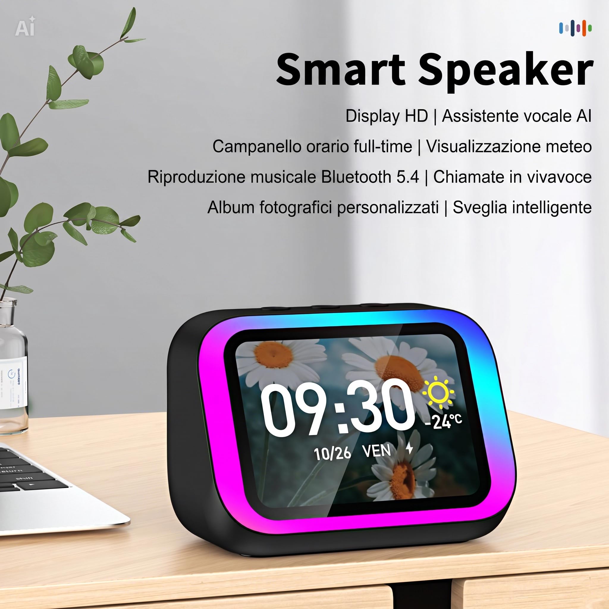 Altoparlante Bluetooth con Display 4" – Smart Speaker con Assistente Vocale, Chiamate, Musica, Meteo, Calendario, Sveglia, Orologio Mondiale, Effetti Luce, Cerca Telefono, Fotocamera Remota (Nero)