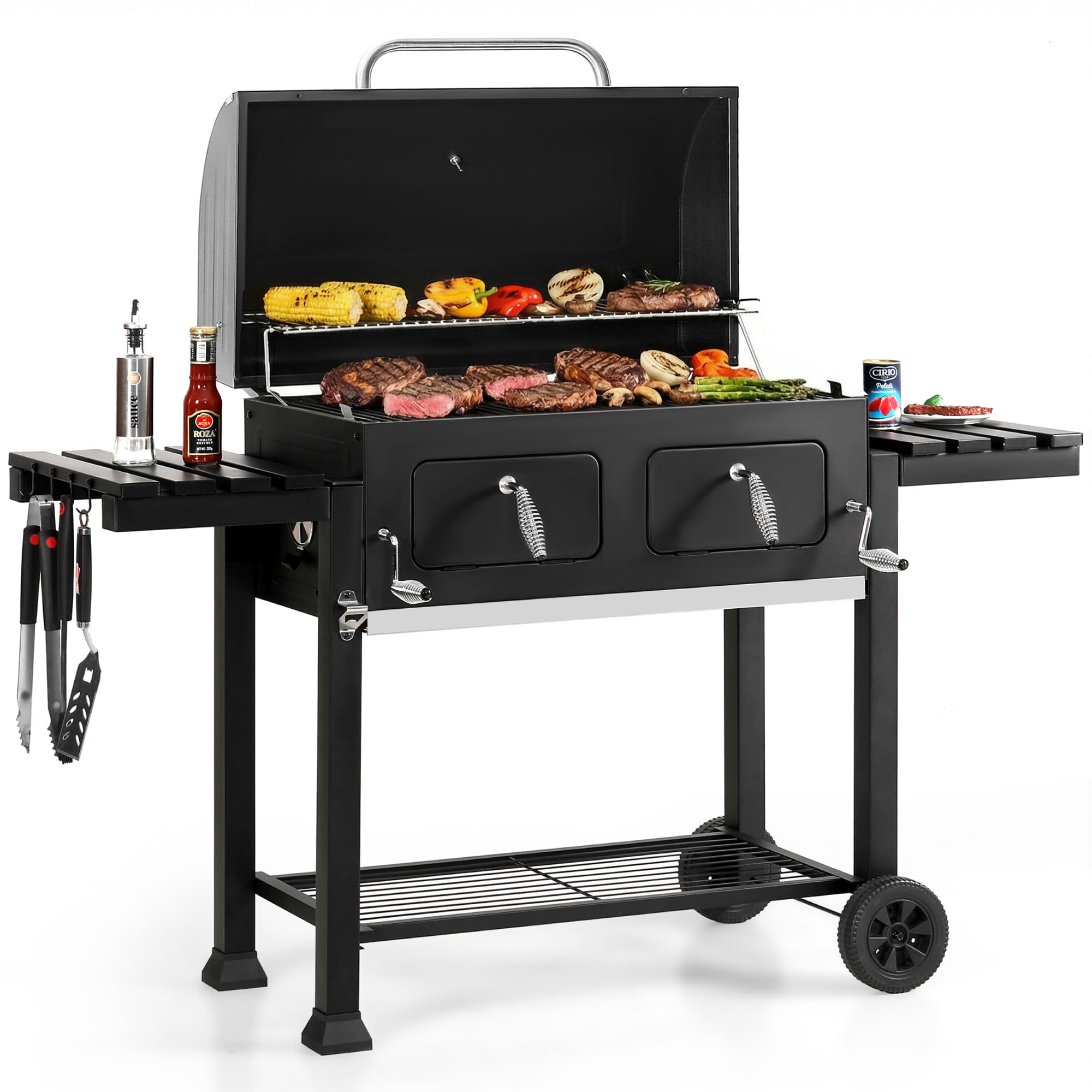 - Sophia & William Extra Large Charcoal BBQ Grills with 794 SQ.IN. Cooking Area, Heavy Duty Outdoor Barbecue Grill with 2 Individual Lifting Charcoal Tray and 2 Foldable Side Table, Black