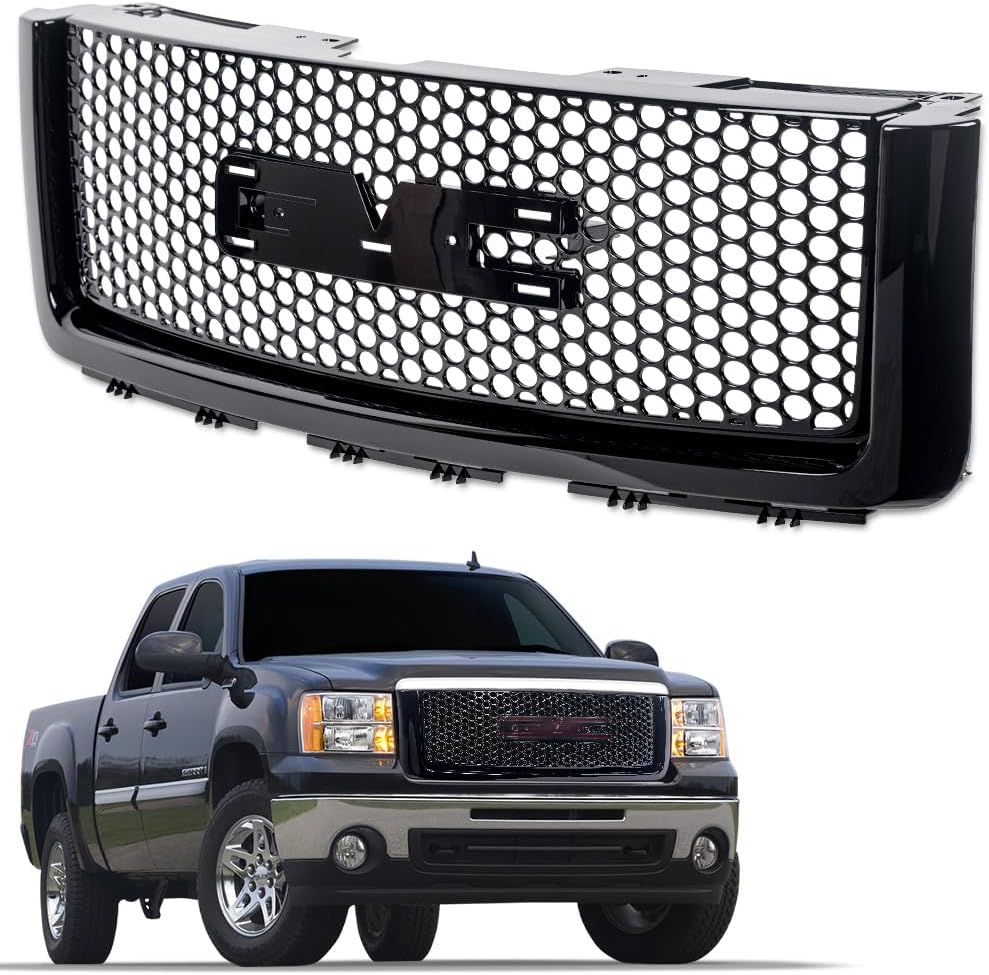 7422439683600 Compatible With 2007-2013 GMC Sierra 1500 / Denali / 2009-2013 Hybrid Glossy Black Round Hole Mesh Front Bumper Grill Grille