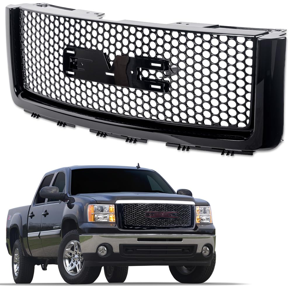 7422439683600 Compatible With 2007-2013 GMC Sierra 1500 / Denali / 2009-2013 Hybrid Glossy Black Round Hole Mesh Front Bumper Grill Grille