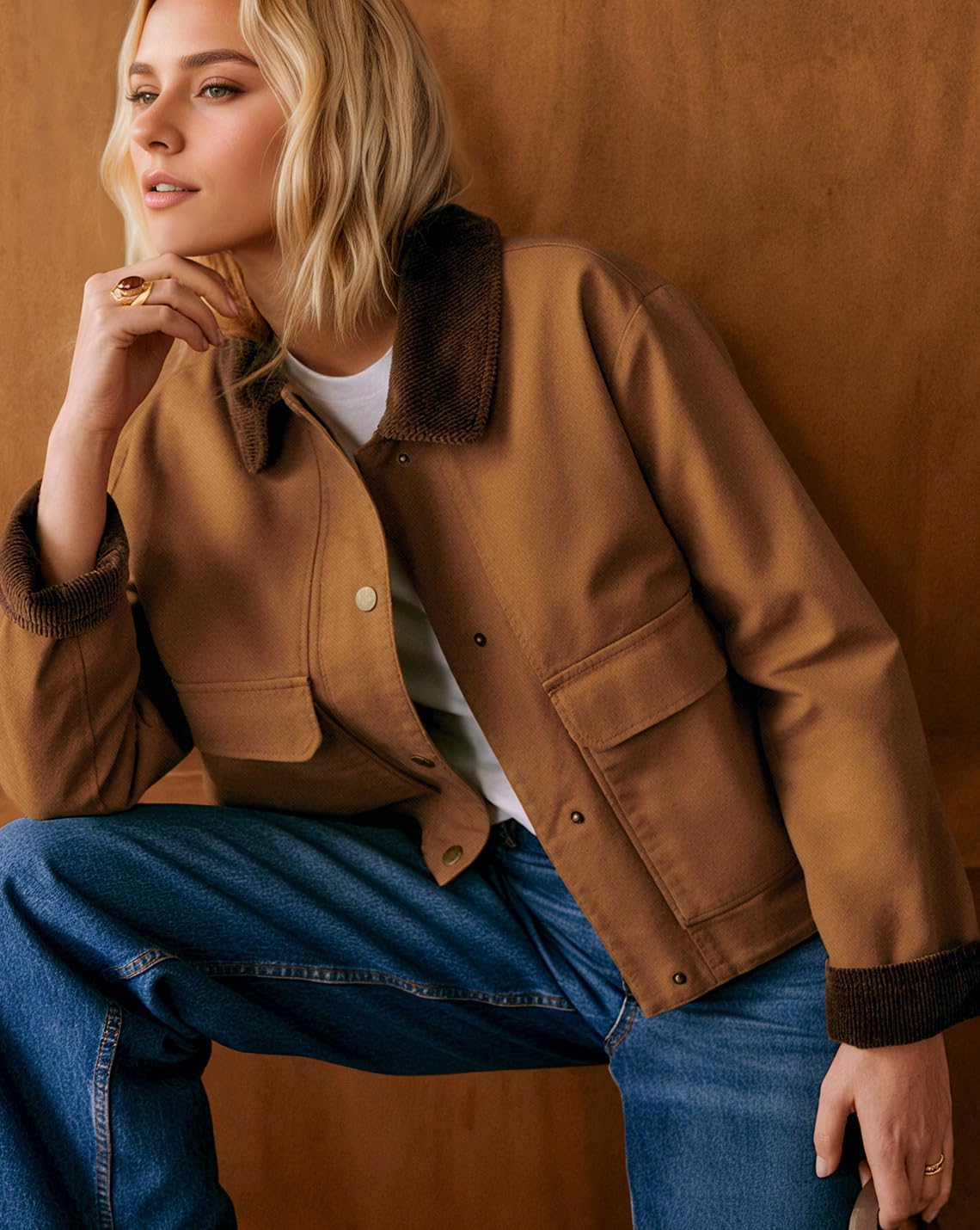 Barn Jackets for Women Casual Contrast Collar lightweight Coat Button Down Long Sleeve Outerwear with Pockets - Image 3