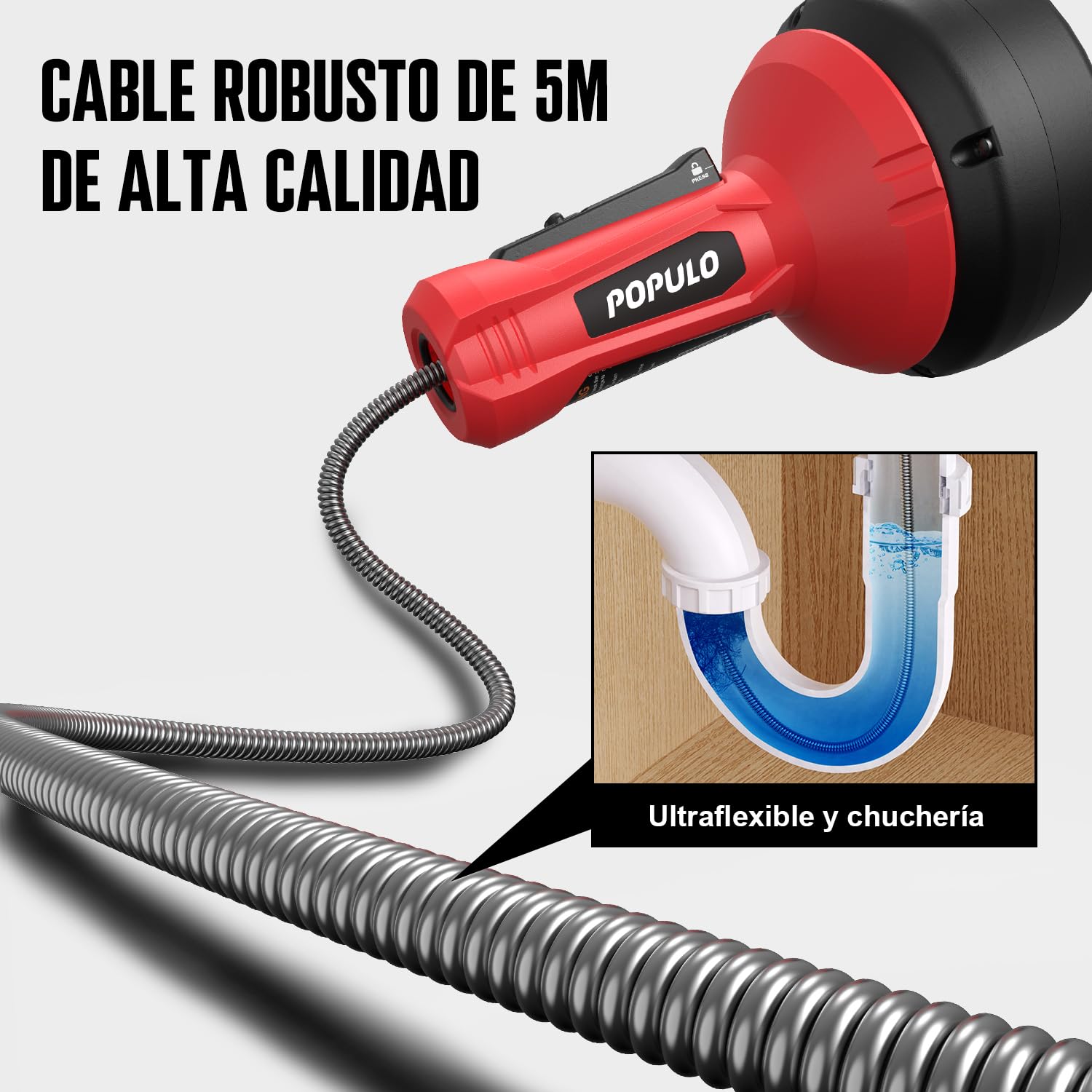 POPULO Taladro de drenaje manual de 17 pies, Kit de Desagüe de 5m, Desatascador Tuberias, Desagüe automático de hasta tuberías de 19-50mm